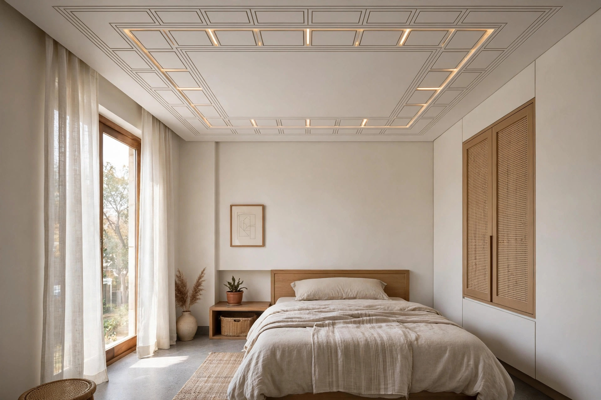 Simple geometric POP border pattern on a small bedroom ceiling