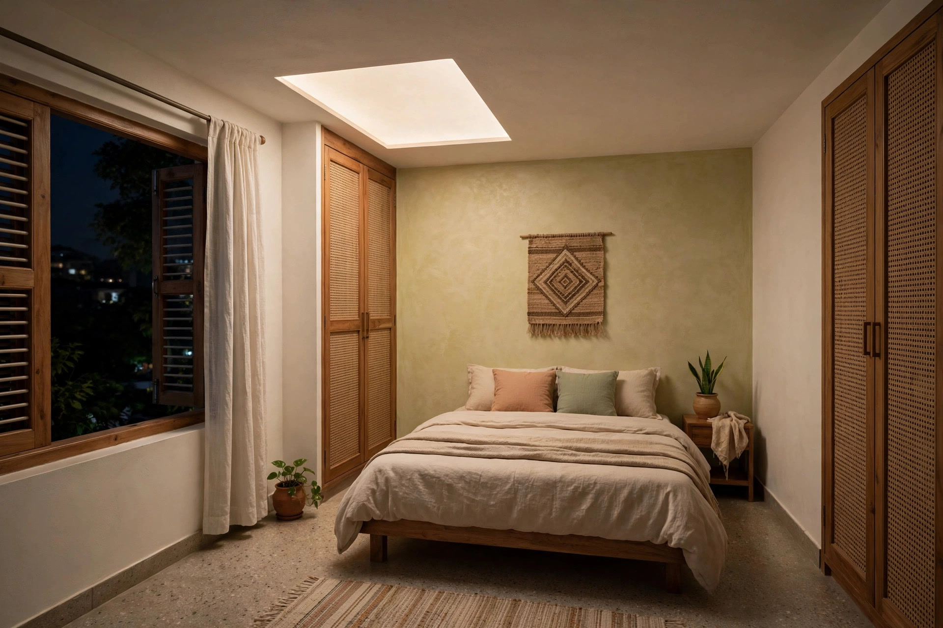Backlit ceiling panel glowing softly above a small modern bedroom