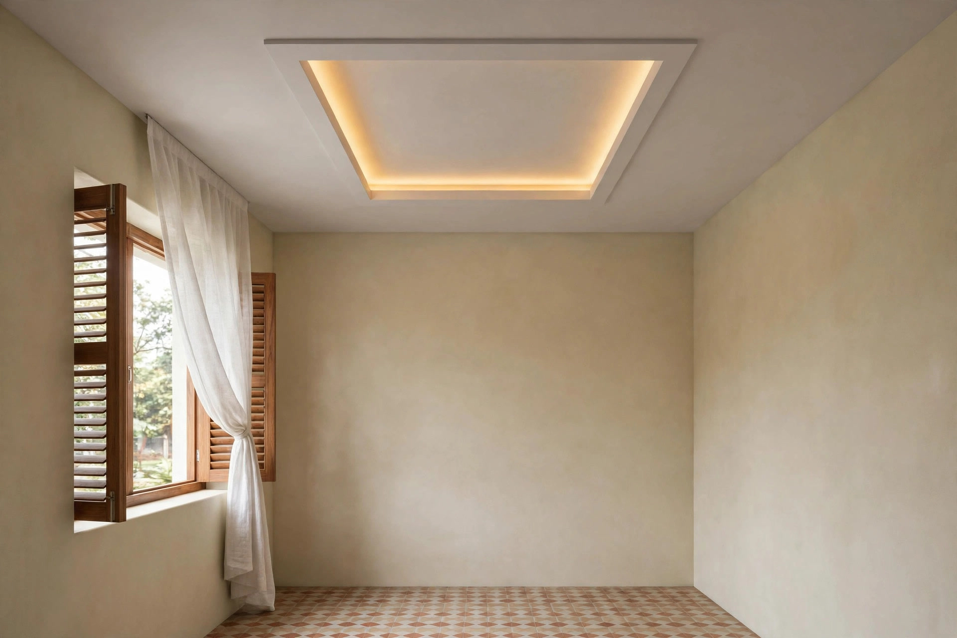 Single shallow coffer panel with LED strip in a white bedroom ceiling