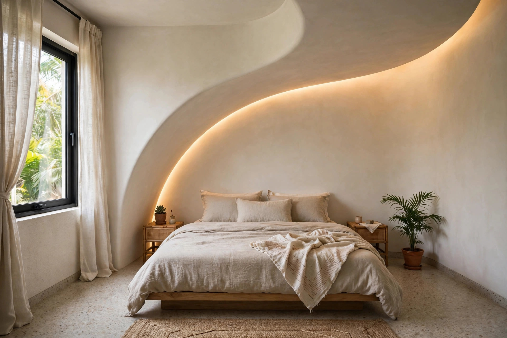 Curved cove ceiling flowing over the bed to mark the sleeping zone