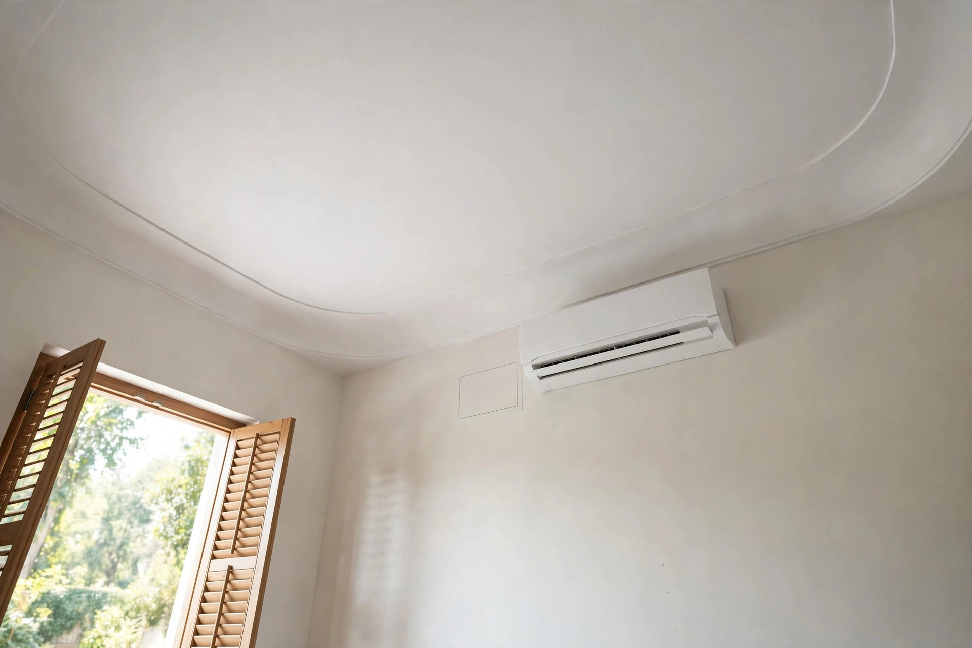 Discreet access panel set into a POP bedroom ceiling near the air conditioner
