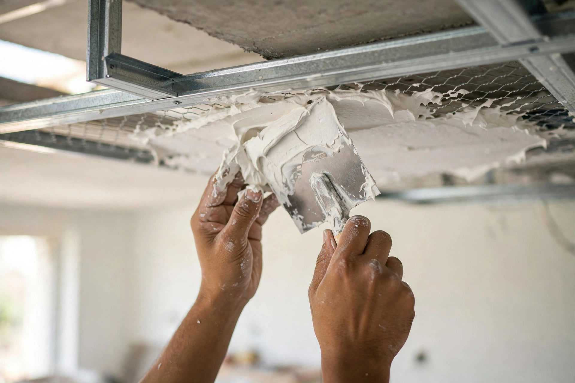 Worker hand-applying wet POP plaster to a bedroom ceiling frame