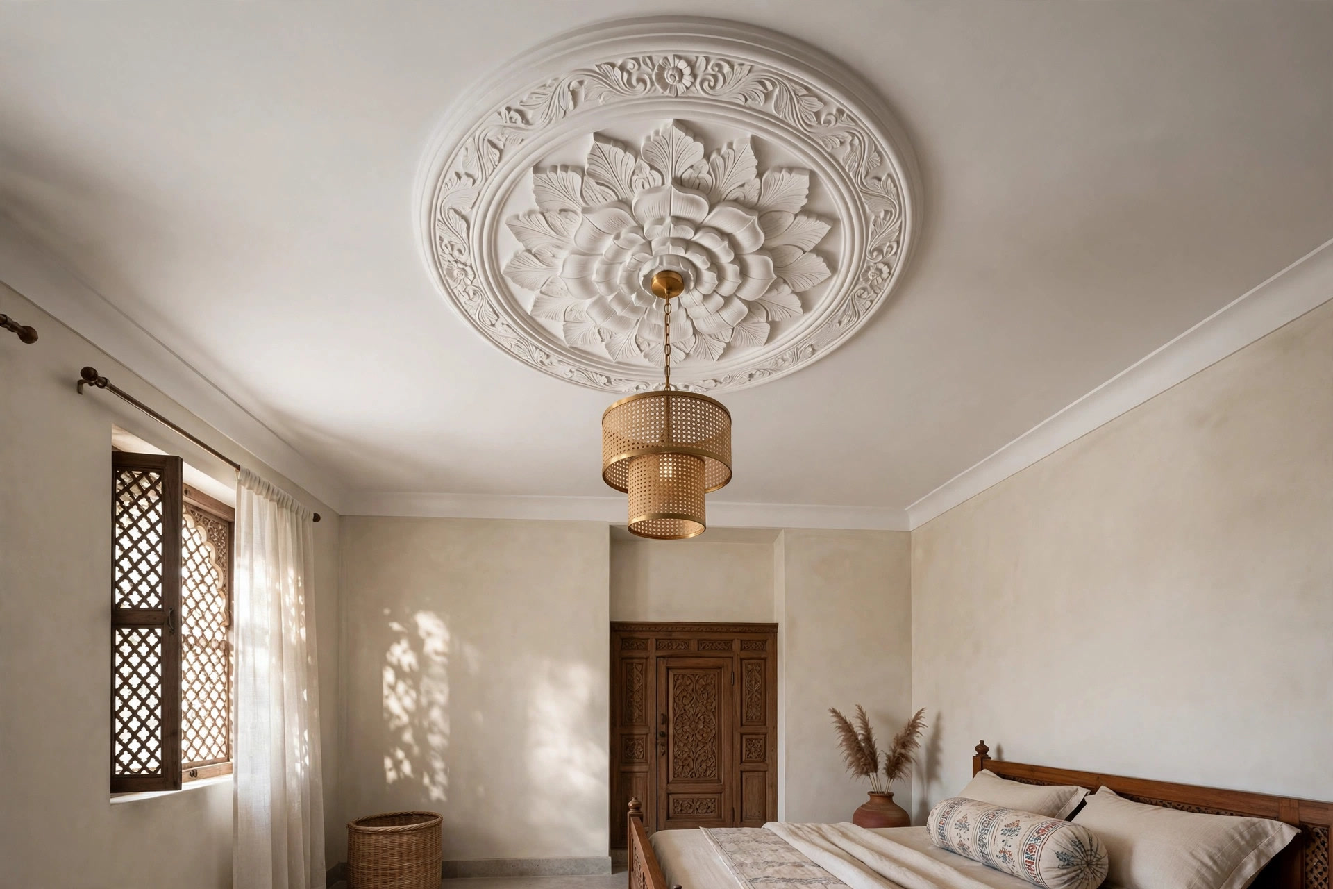 Ornate POP ceiling medallion around a bedroom pendant light