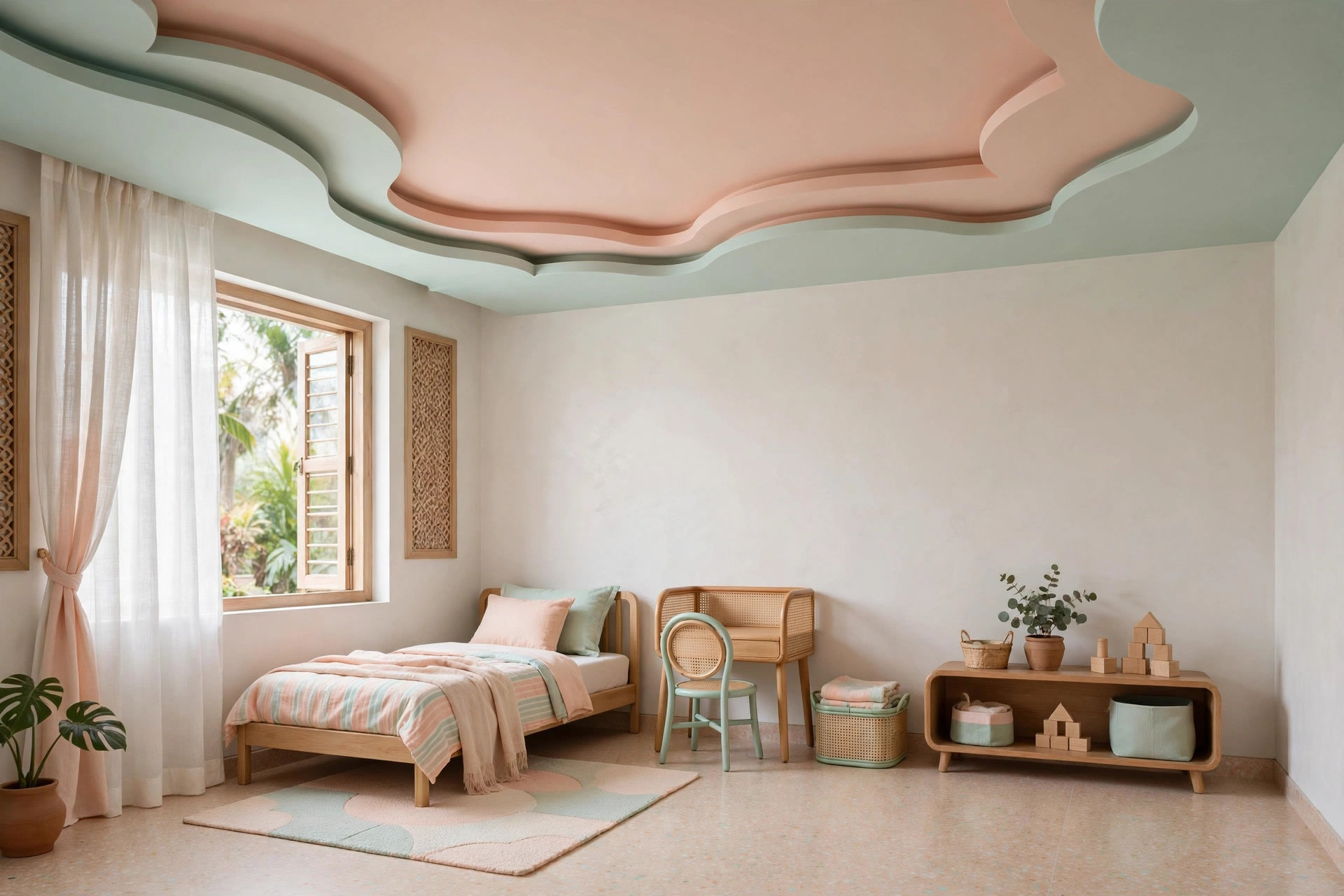 Child's bedroom with playful curved POP ceiling shapes in pastel tones