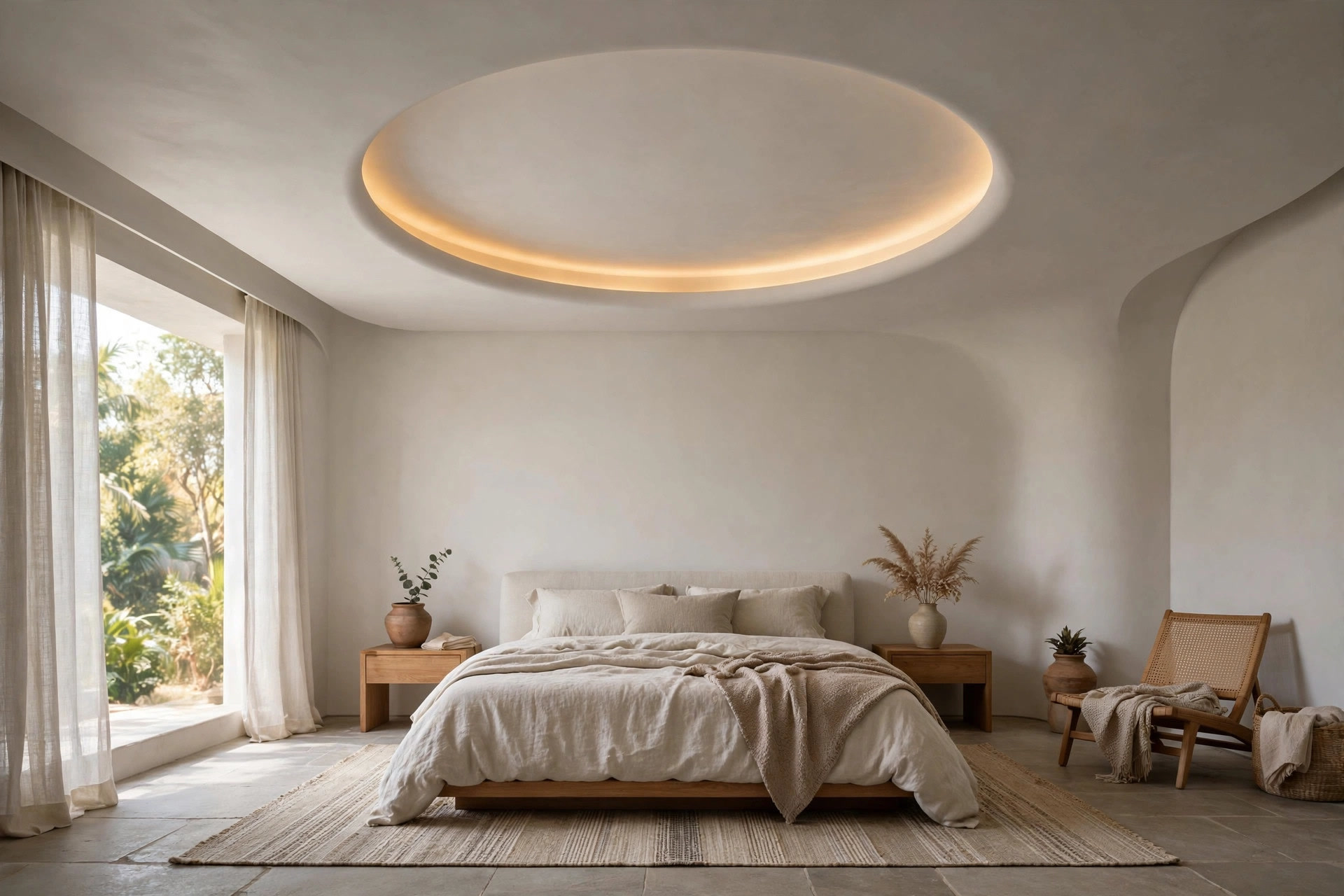 Circular recessed POP ceiling with cove lighting above a bedroom bed