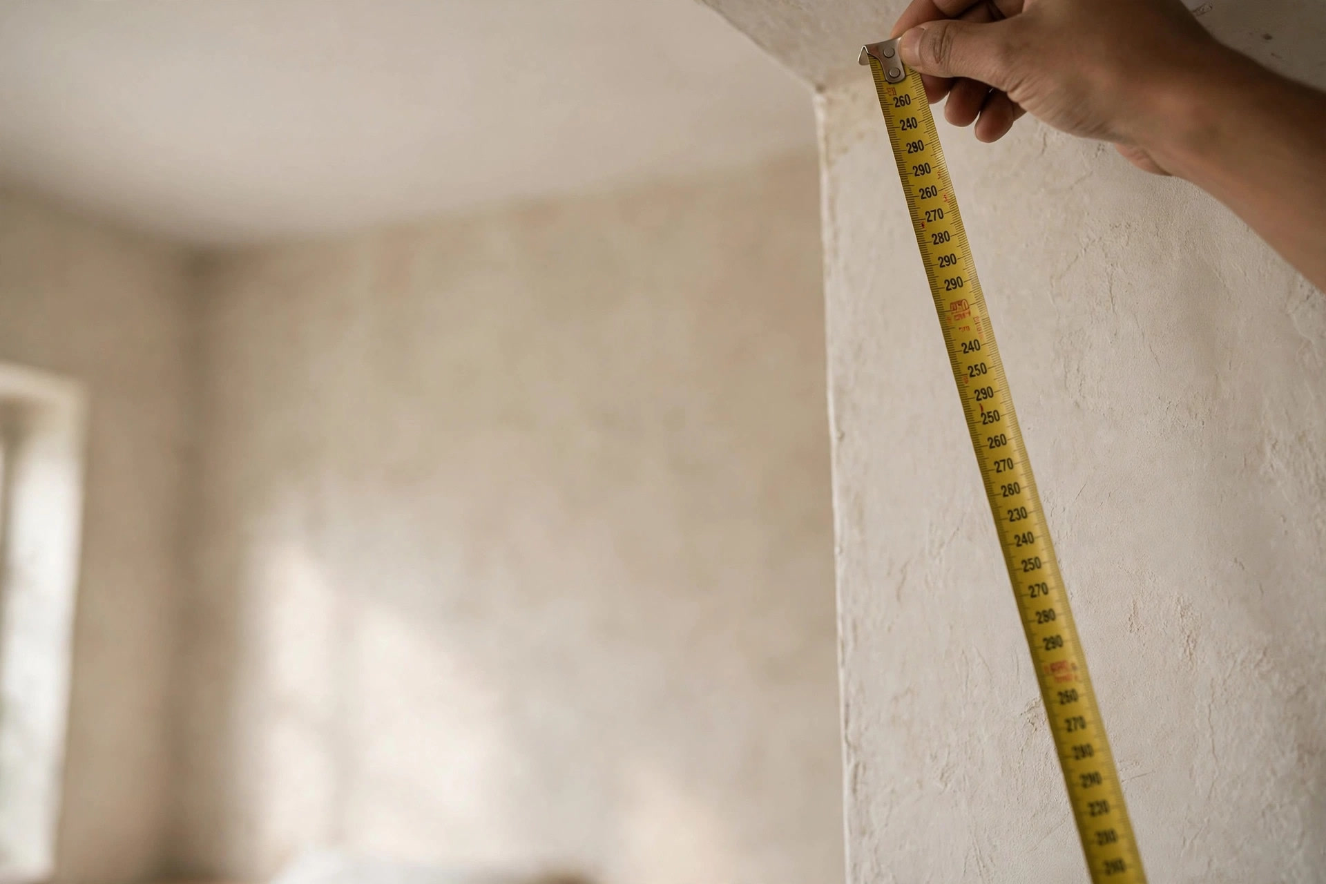 Contractor measuring a bedroom ceiling with a tape measure
