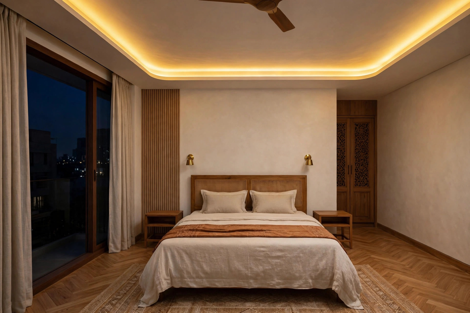 Bedroom at night with warm cove lighting washing a POP ceiling