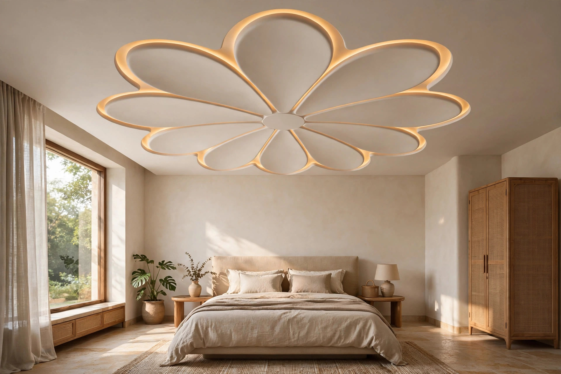Bedroom with curved petal-shaped POP ceiling feature with cove light