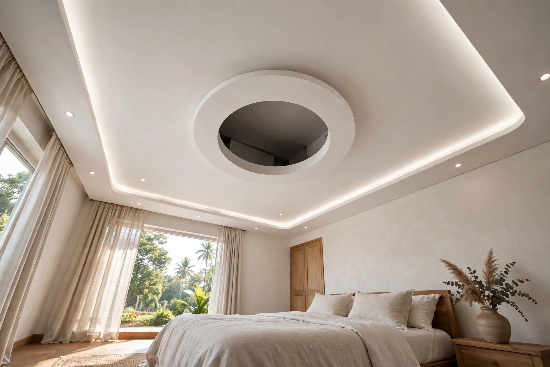 POP bedroom ceiling with a neat circular cutout for the ceiling fan
