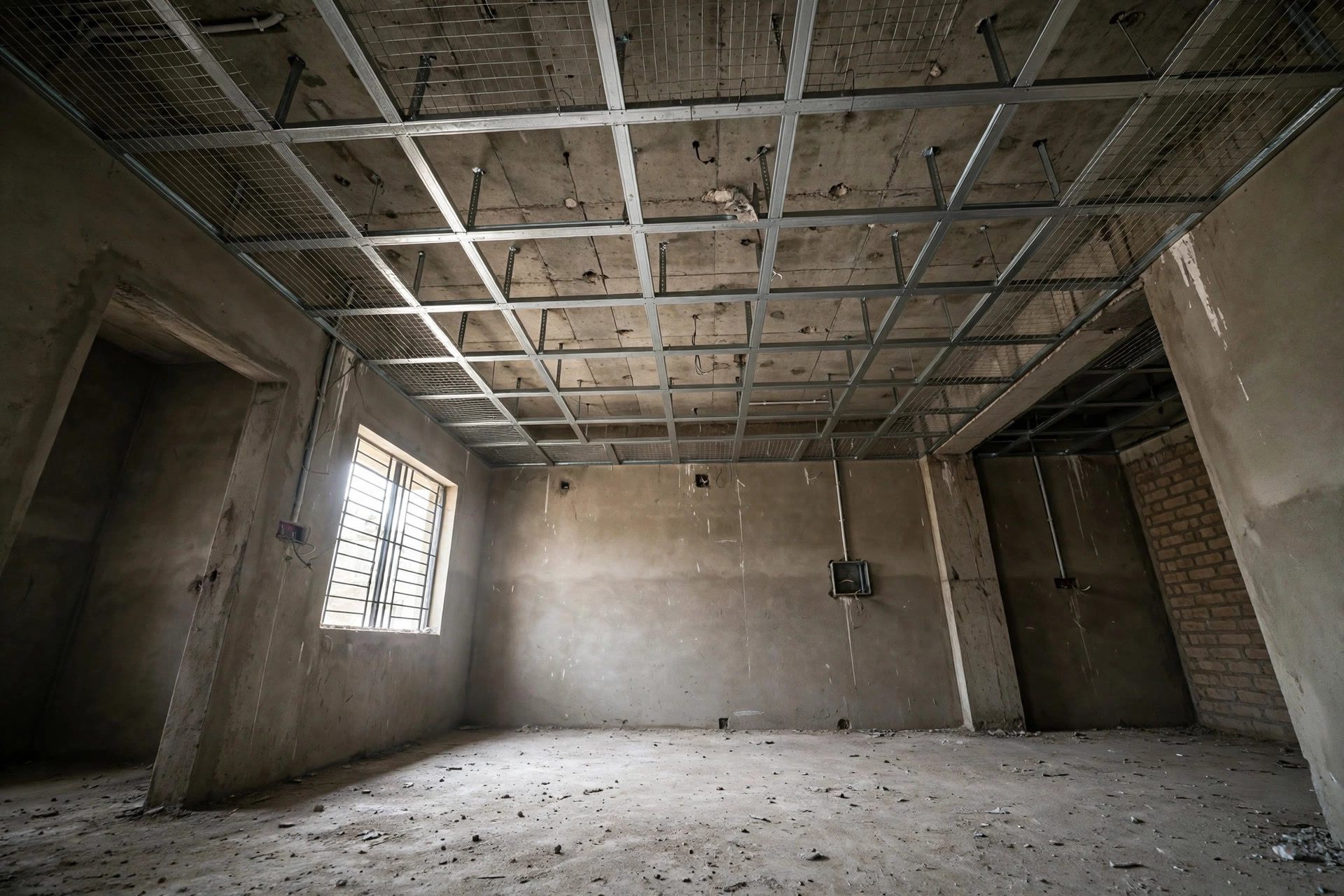 Metal frame and mesh fixed under a bedroom slab before POP plastering