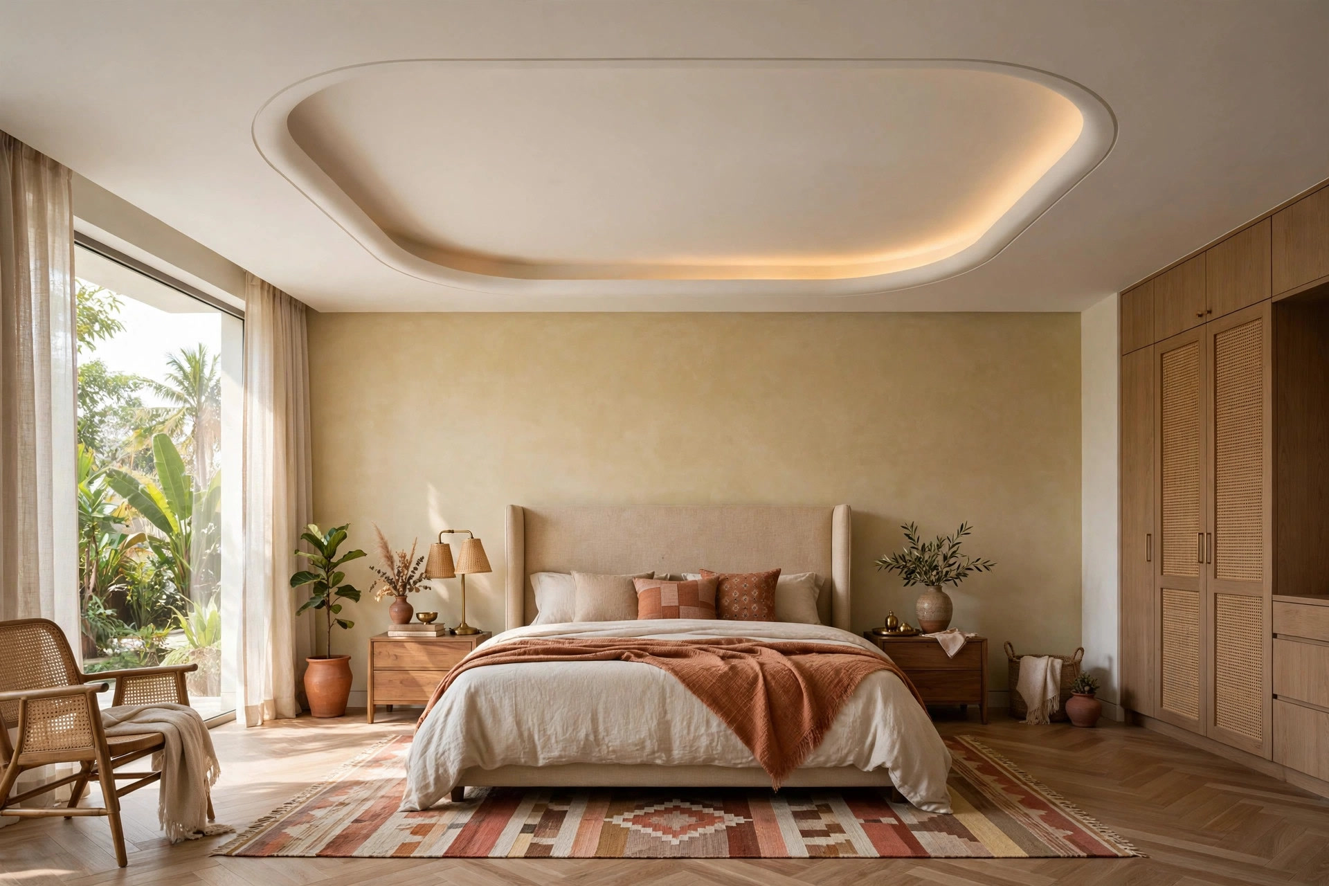 Master bedroom with a shaped POP ceiling feature above the bed