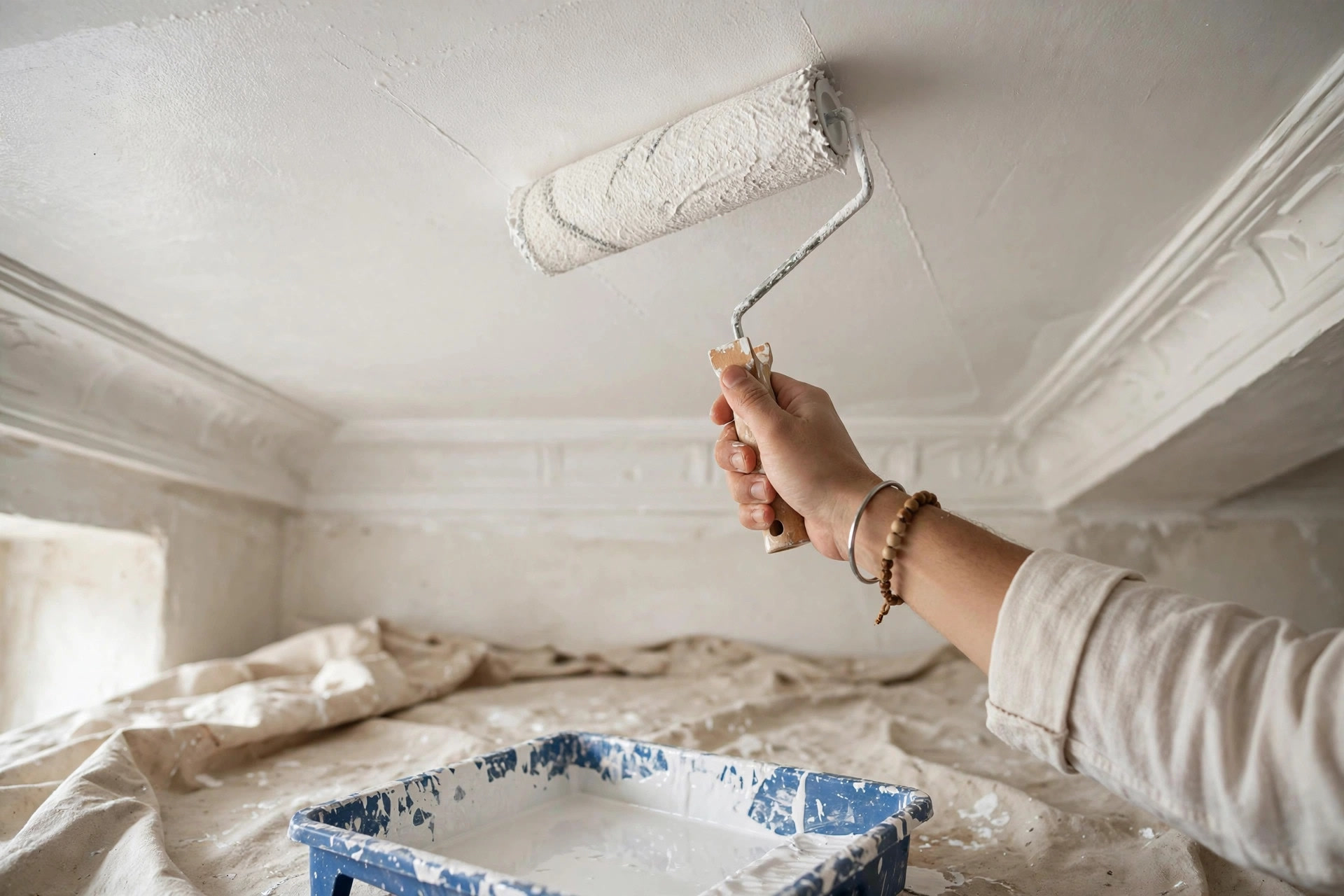 Painter applying finish coats to a dried POP bedroom ceiling