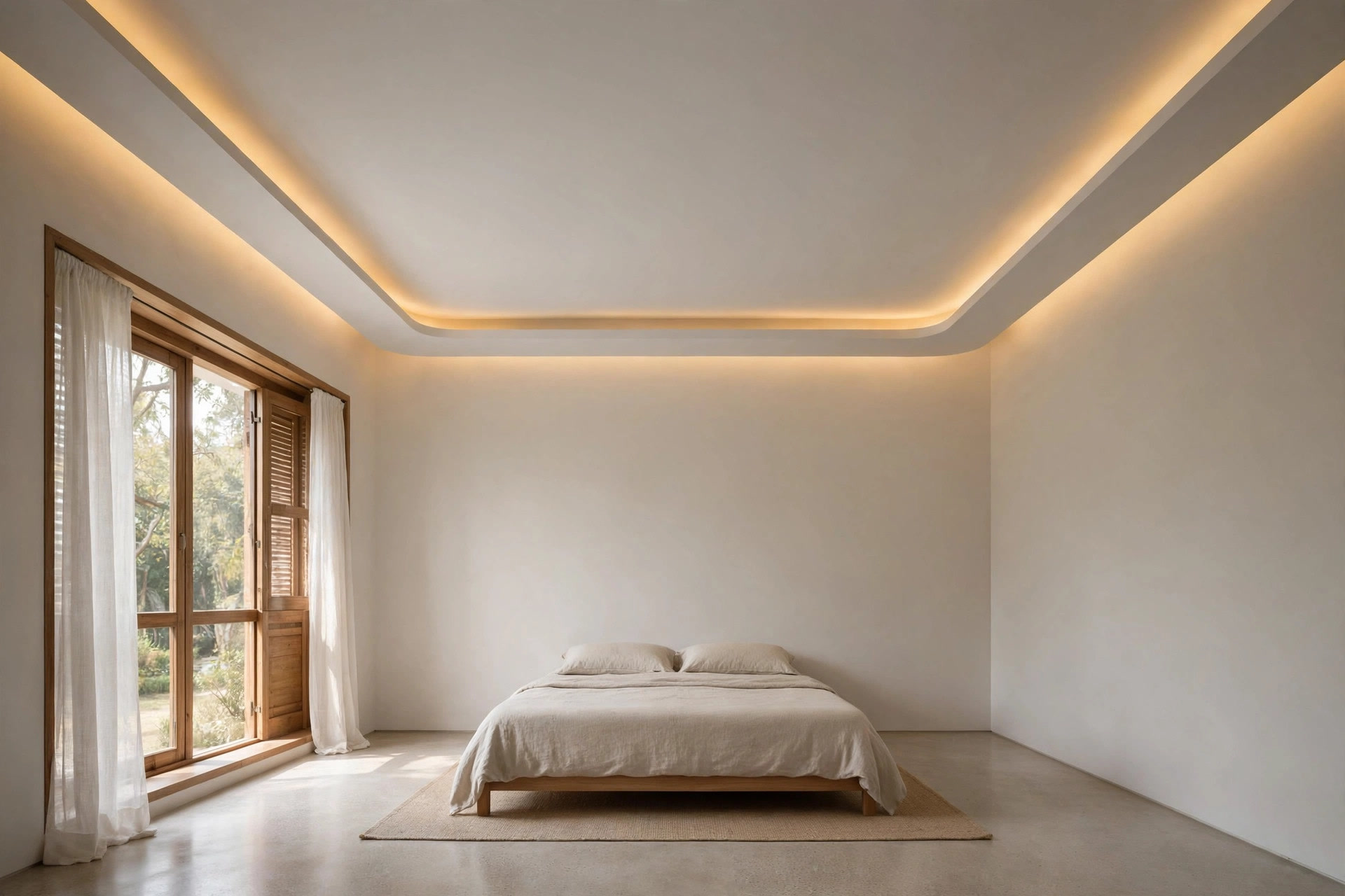 Bedroom with a POP perimeter border and warm cove lighting