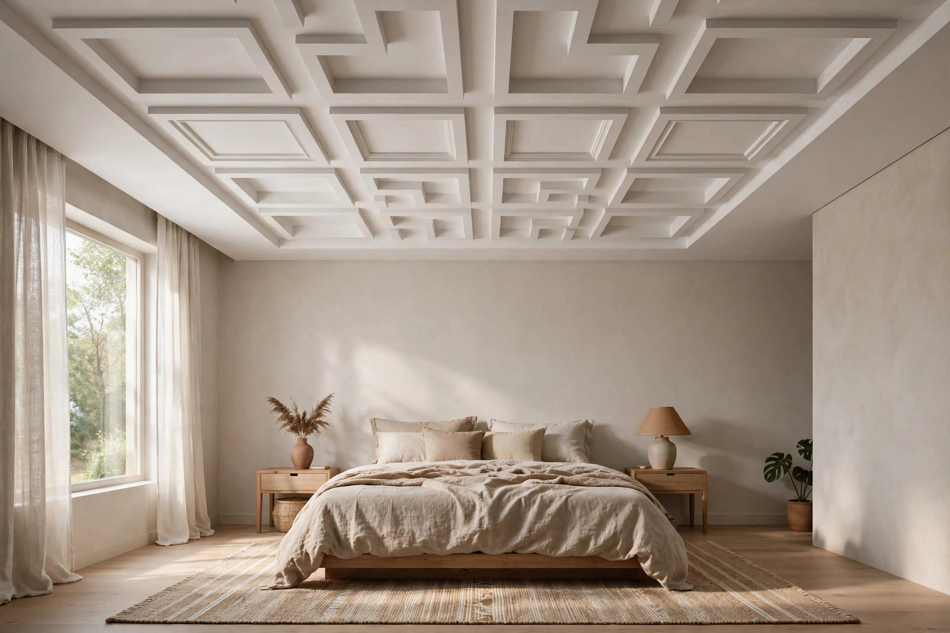 Bedroom with plus-minus POP panels in raised and recessed sections