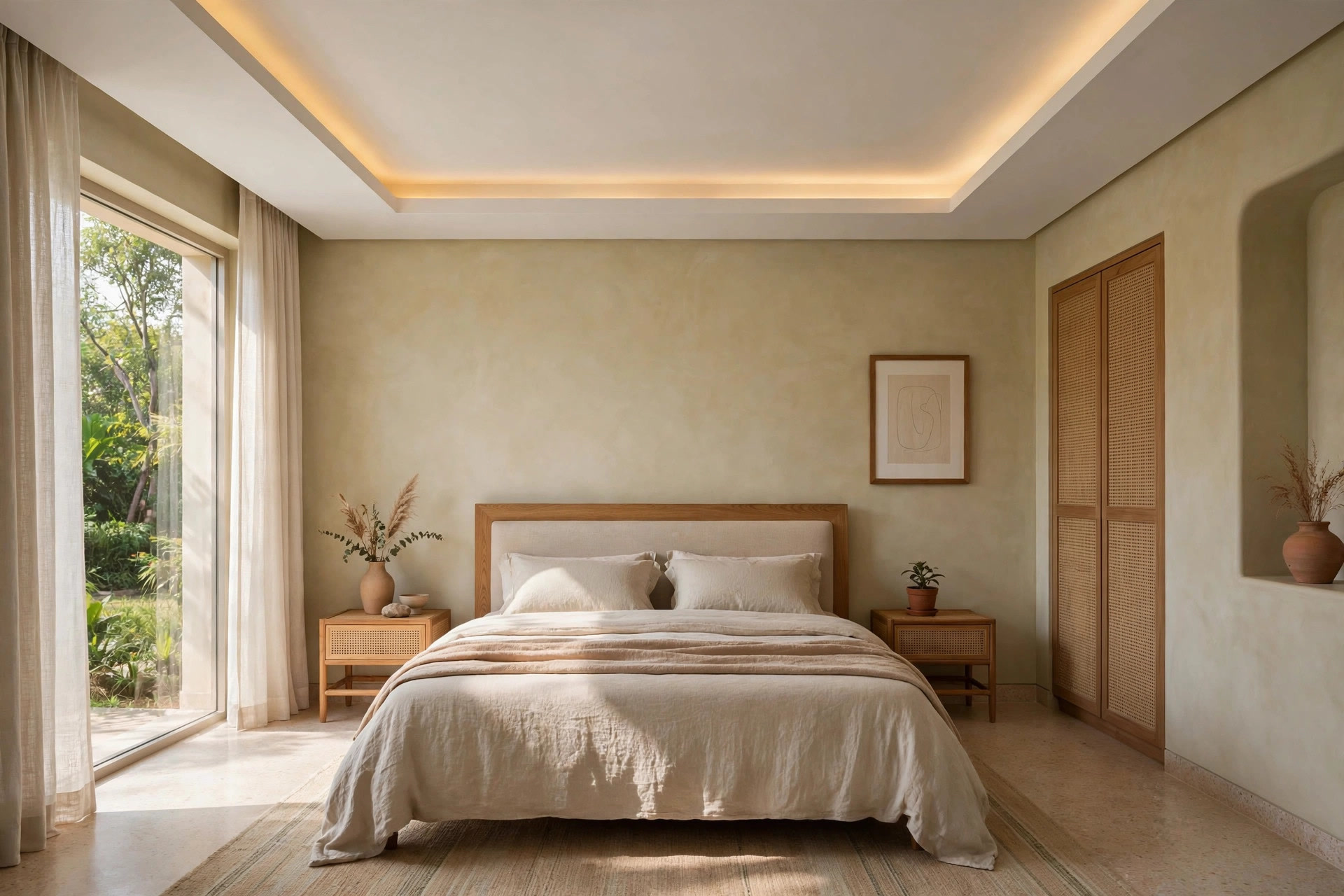 Bedroom with a shallow POP tray ceiling over the bed with cove light