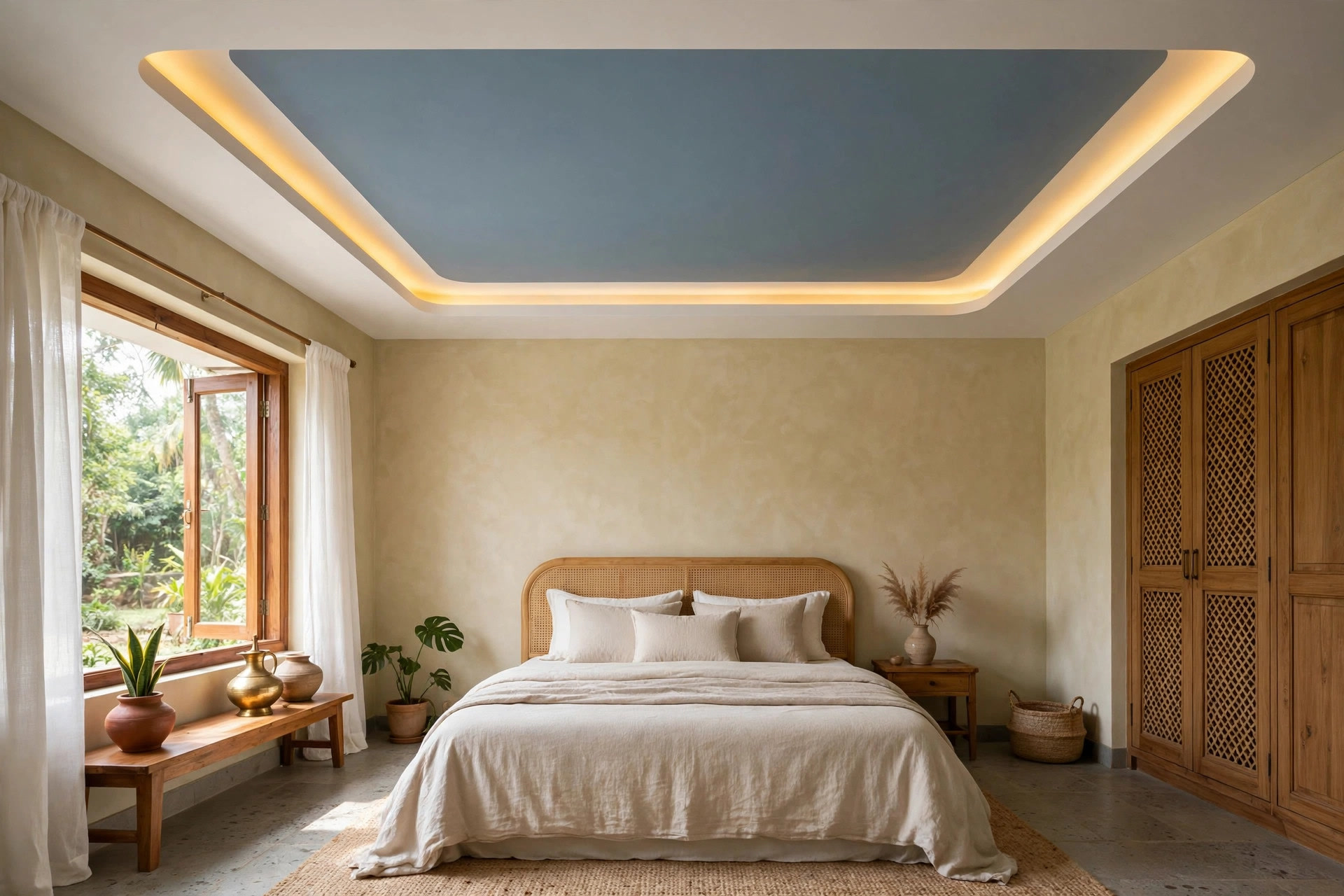 Two-tone POP tray ceiling in a bedroom with a tinted inner panel