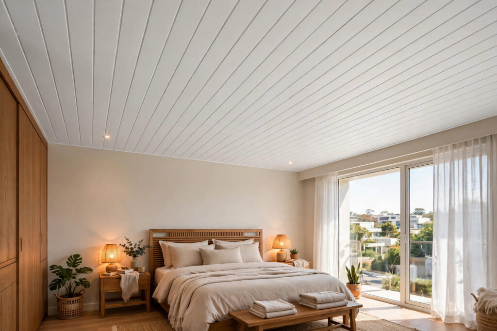 Master bedroom with a clean white PVC panel false ceiling