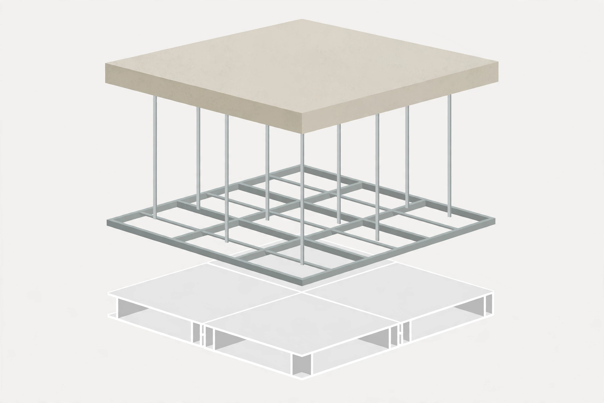 Diagram showing how interlocking PVC panels sit on a suspended frame