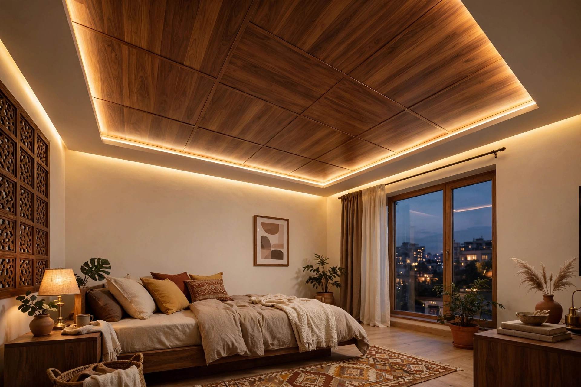 Bedroom with wood-finish printed PVC ceiling panels