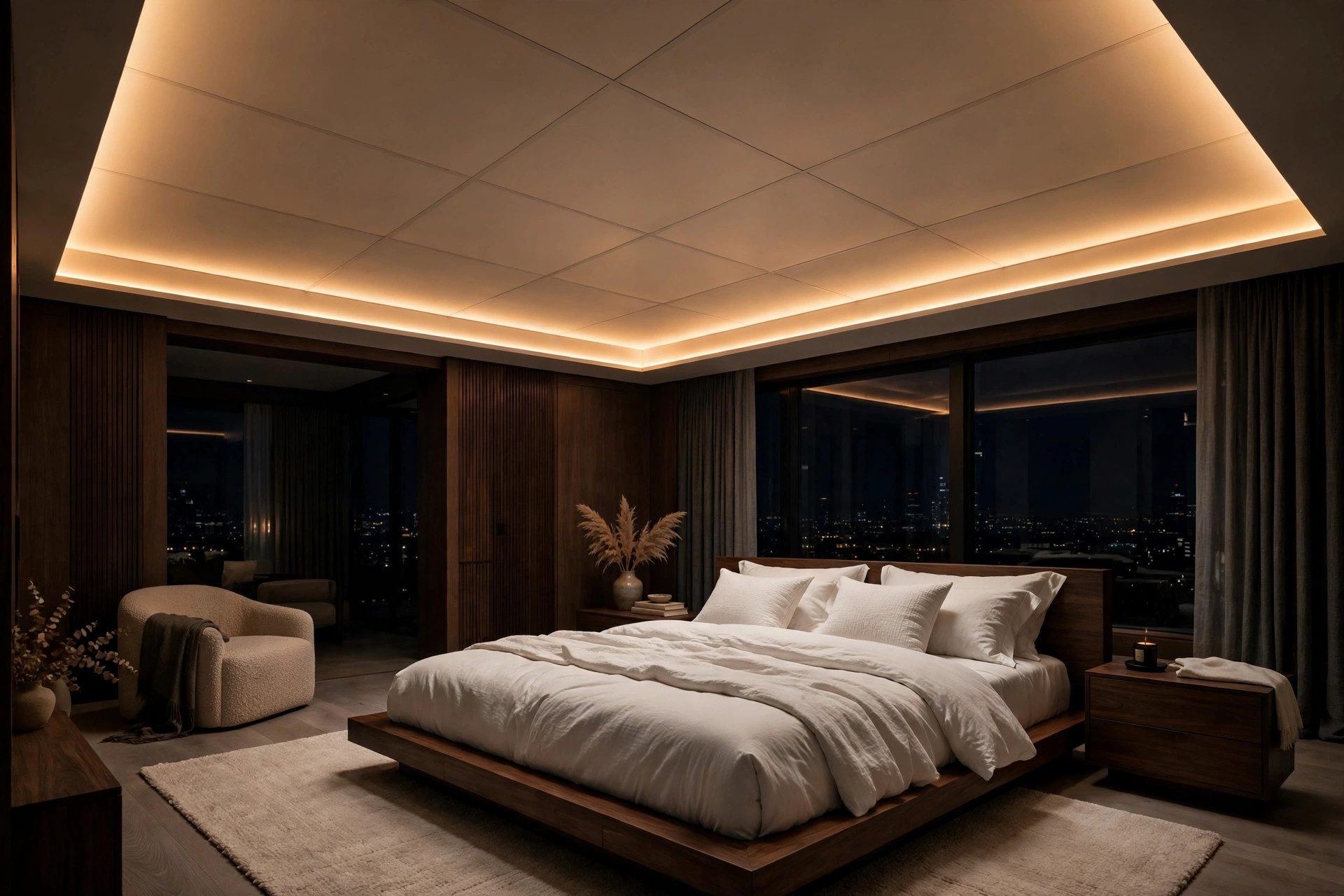 Bedroom with backlit PVC ceiling panels glowing warm at night