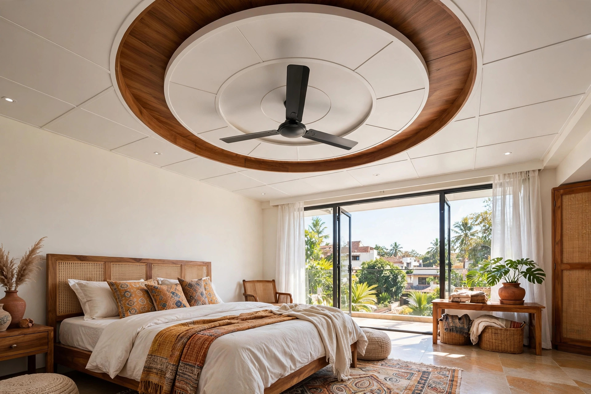 Bedroom with a circular PVC ceiling design around the ceiling fan