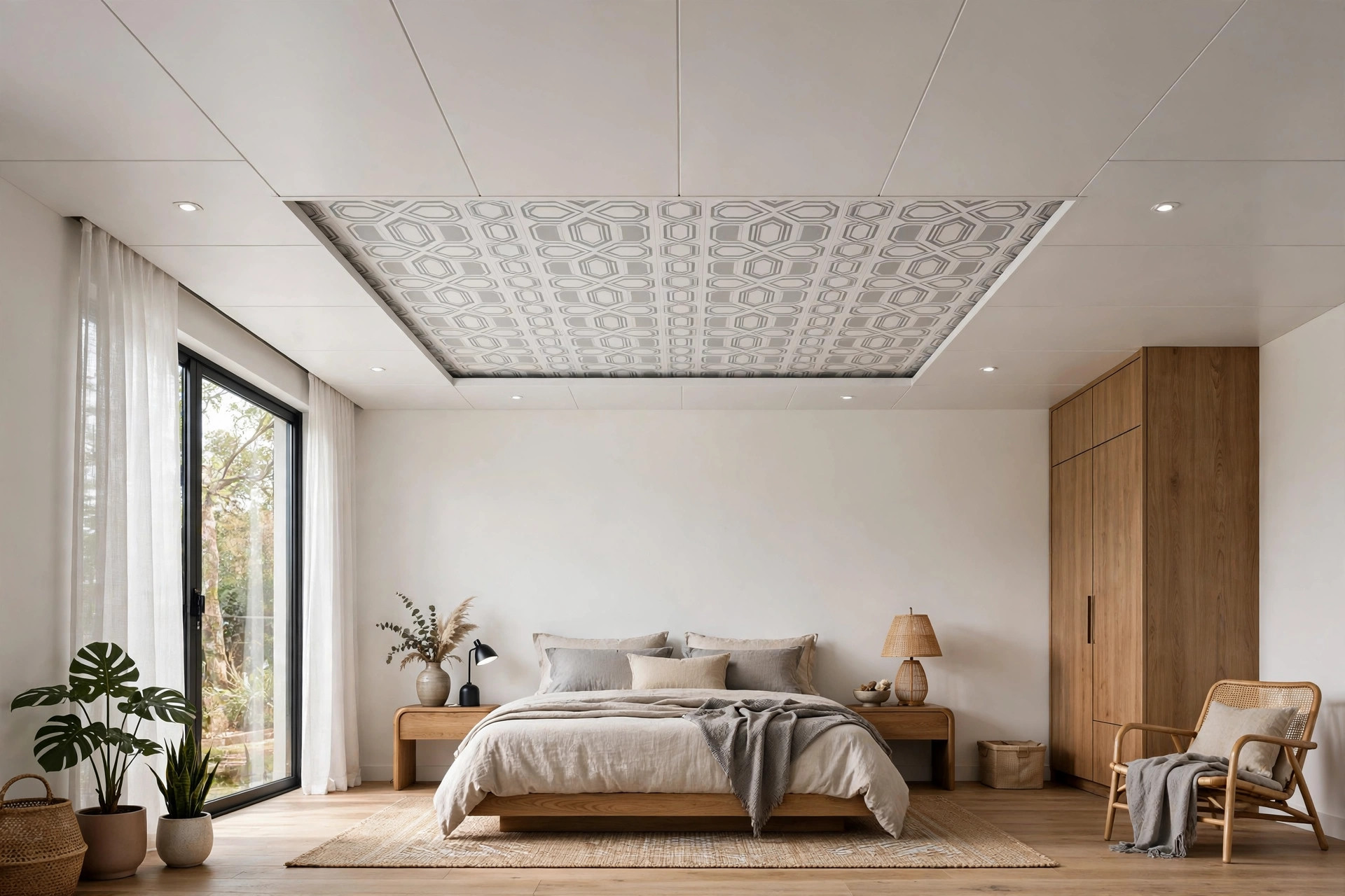 Bedroom with geometric printed PVC ceiling panels