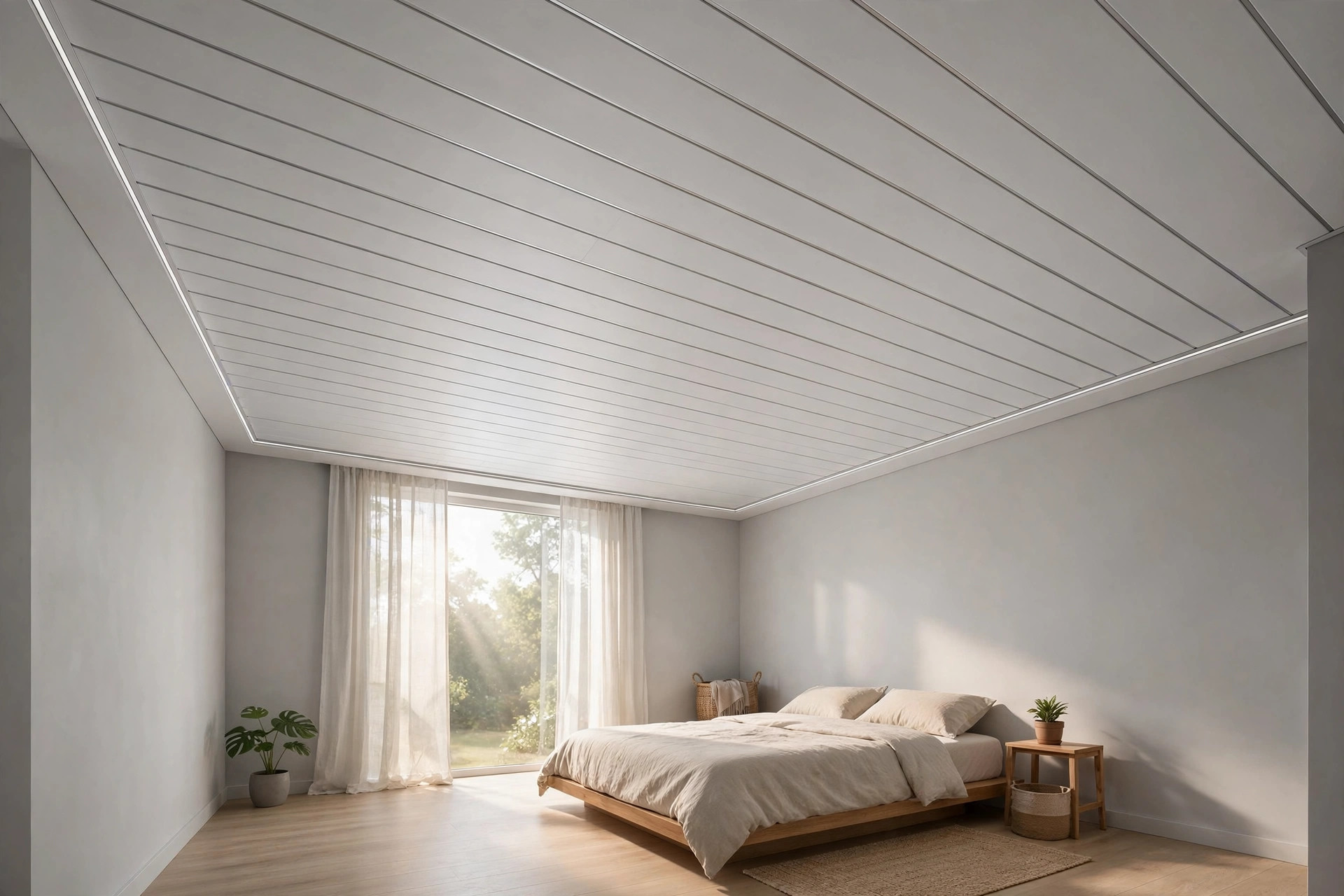 Minimalist bedroom with a flat white PVC panel ceiling