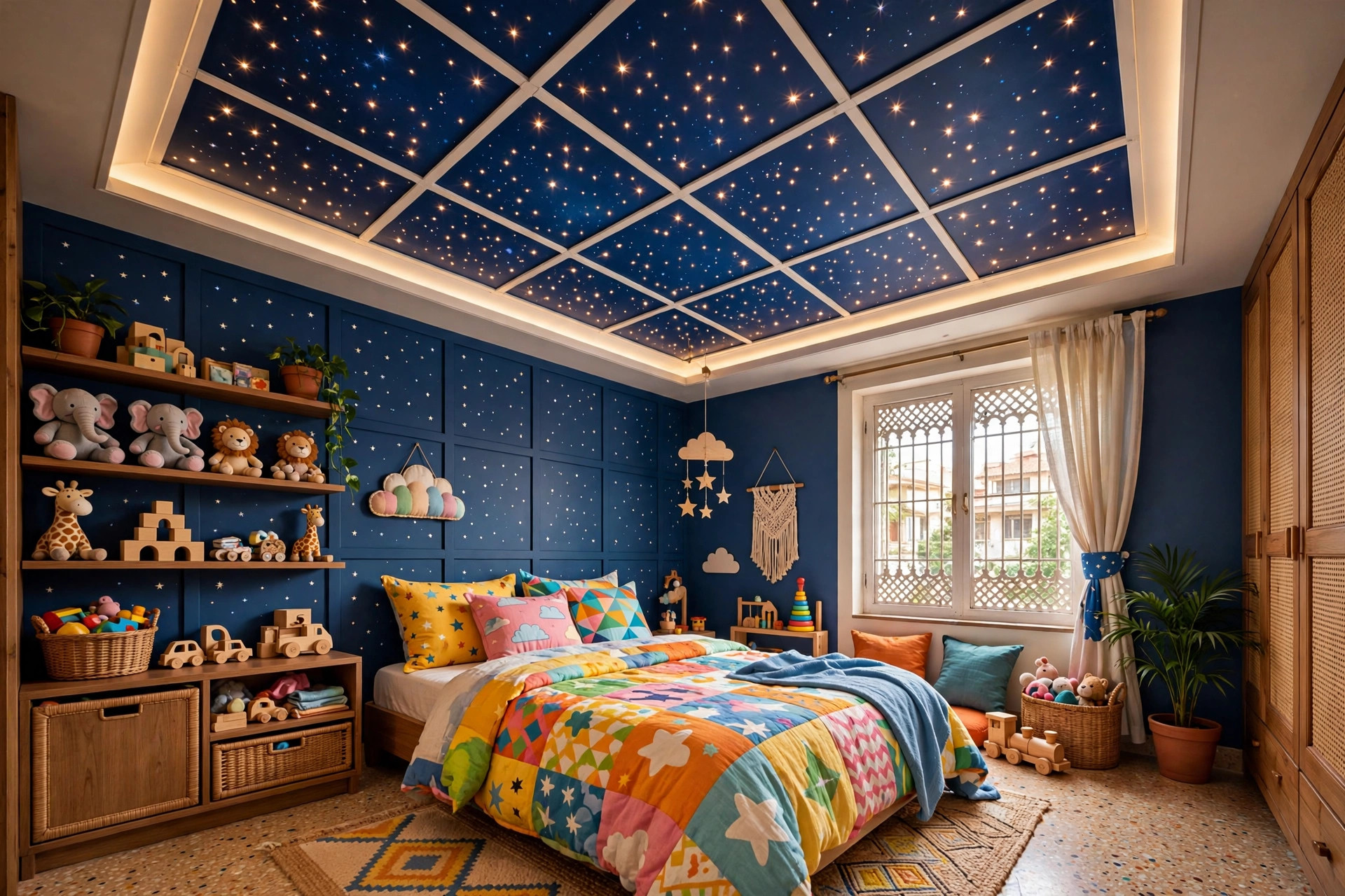 Kids bedroom with a starry printed PVC ceiling