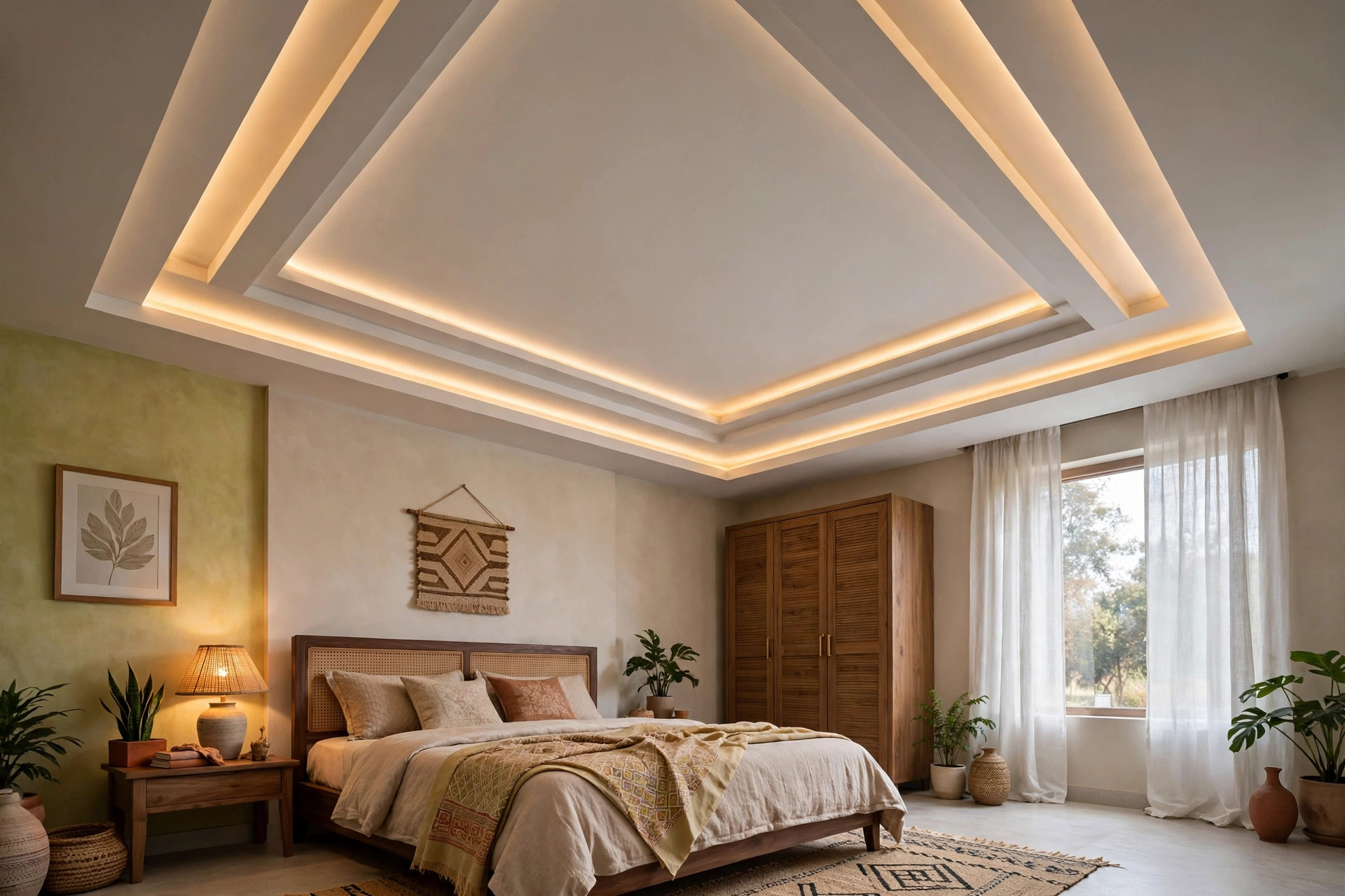 Bedroom with a stepped tray-look PVC ceiling border and cove light