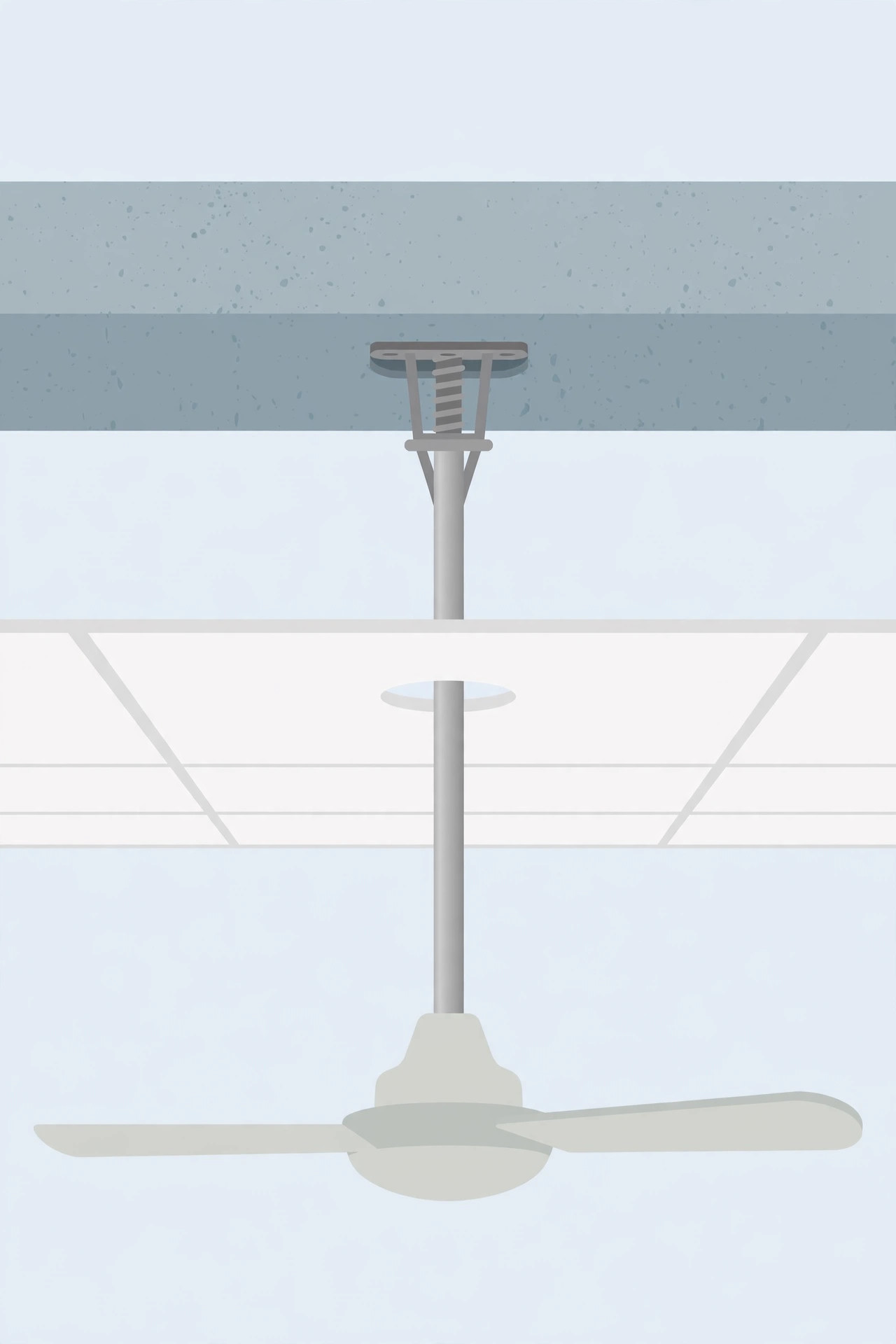 Diagram showing a ceiling fan mounted through a reinforced point to the slab above a PVC ceiling
