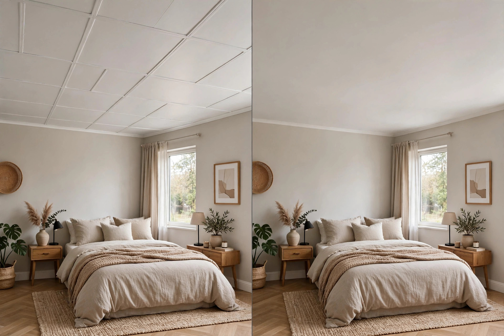 Side-by-side comparison of a PVC panel bedroom ceiling and a gypsum bedroom ceiling
