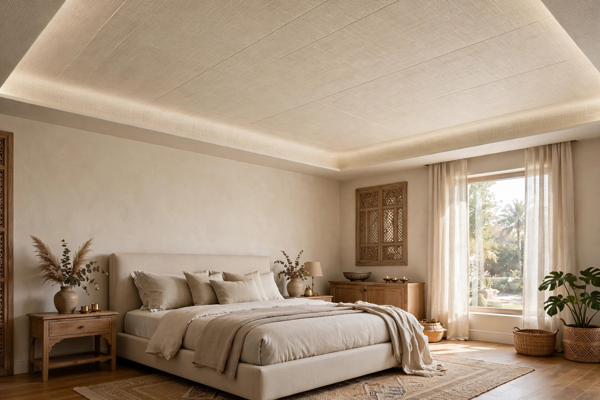 Bedroom with a textured linen-weave PVC ceiling
