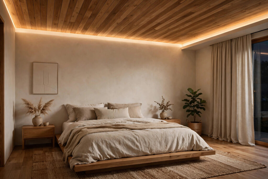 Master bedroom with a warm wooden plank false ceiling and soft cove lighting