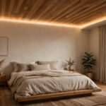 Master bedroom with a warm wooden plank false ceiling and soft cove lighting