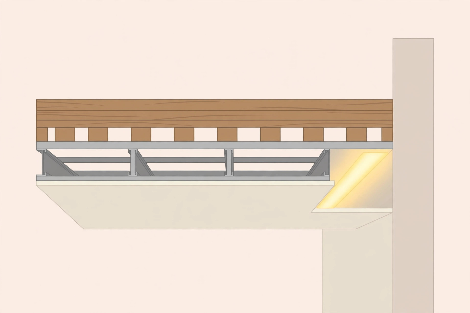 Diagram showing the parts of a wooden false ceiling: planks, wooden battens, metal frame, and LED strip