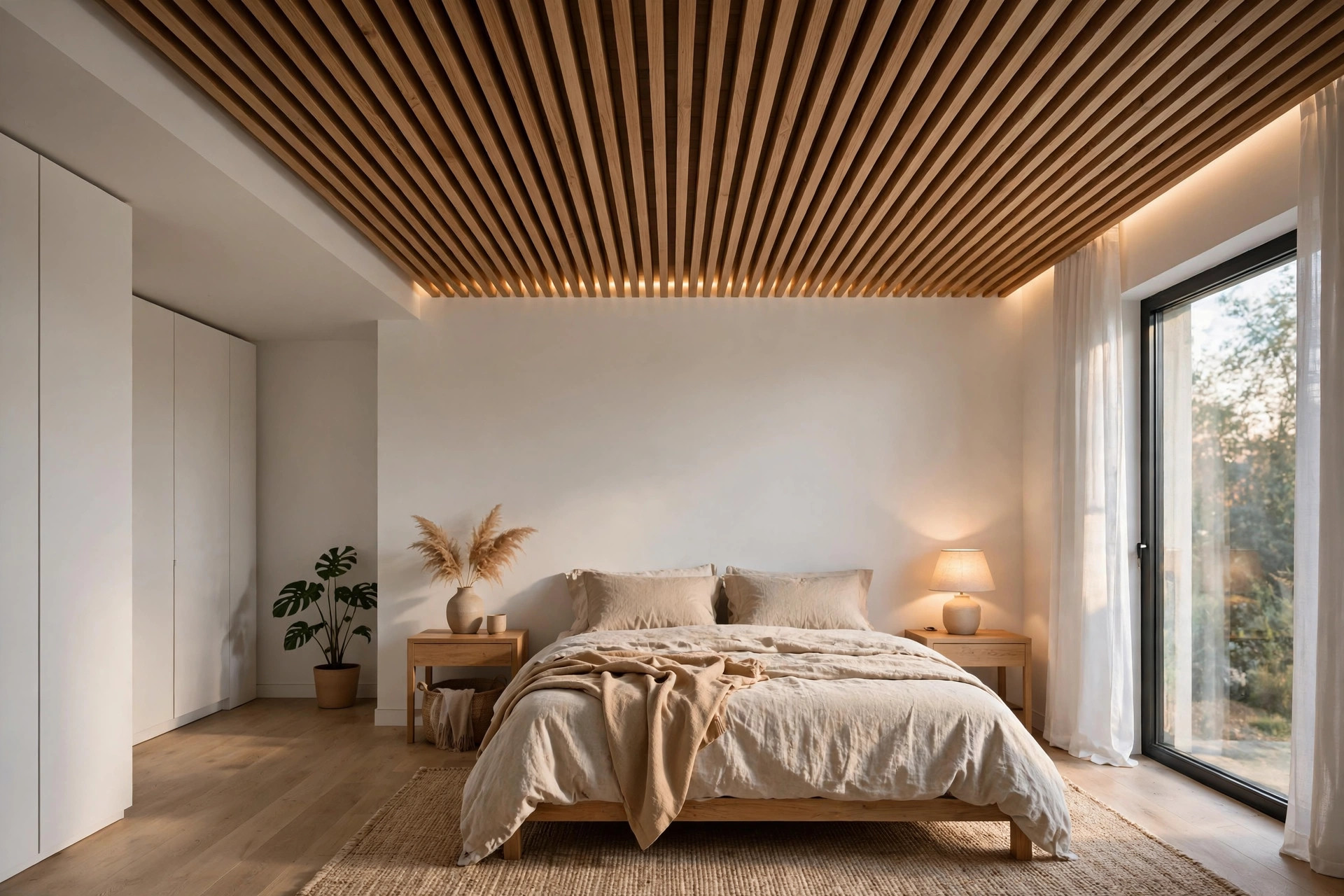 Bedroom with a parallel wooden plank false ceiling running along the room
