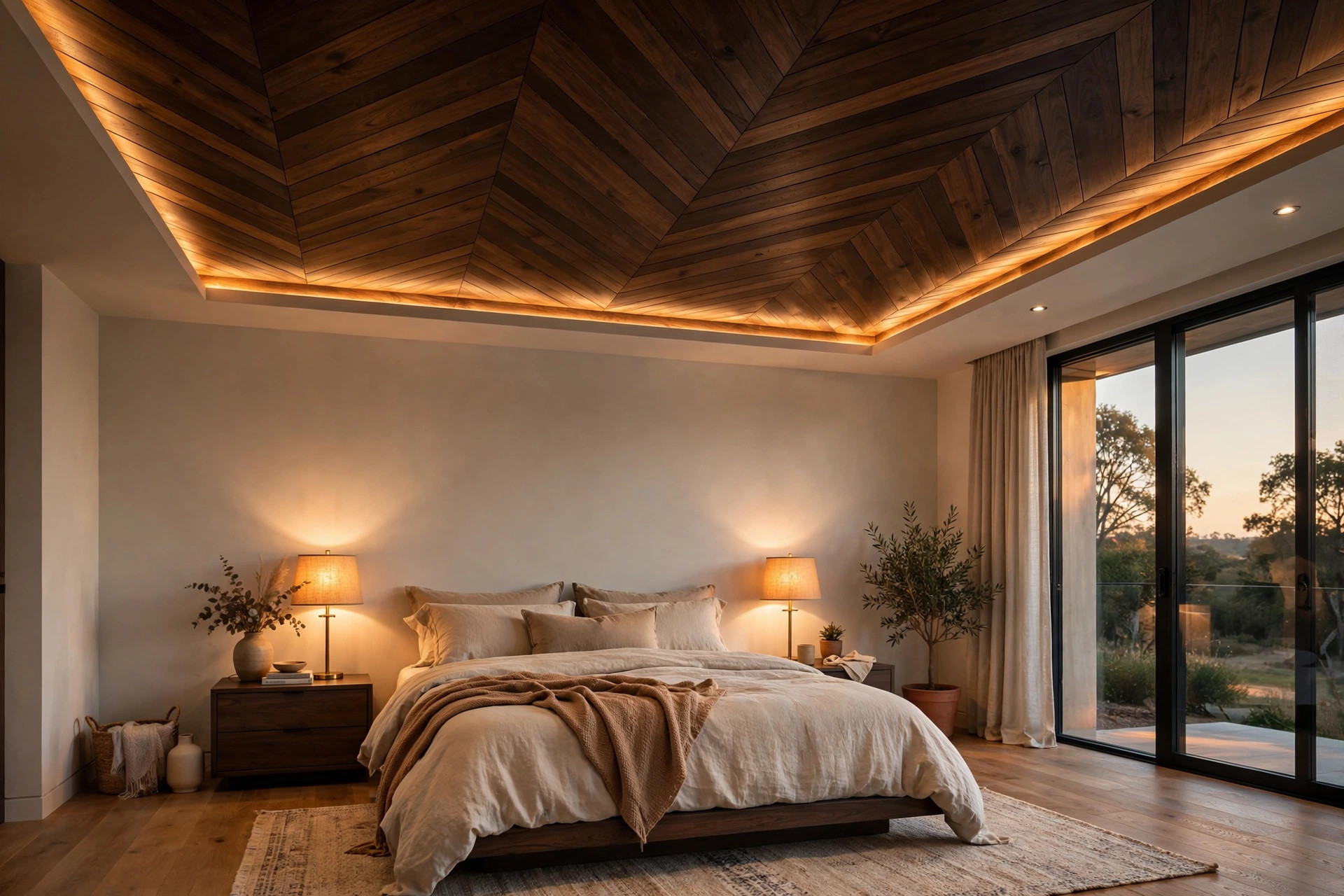 Master bedroom with a chevron-pattern wooden panel false ceiling