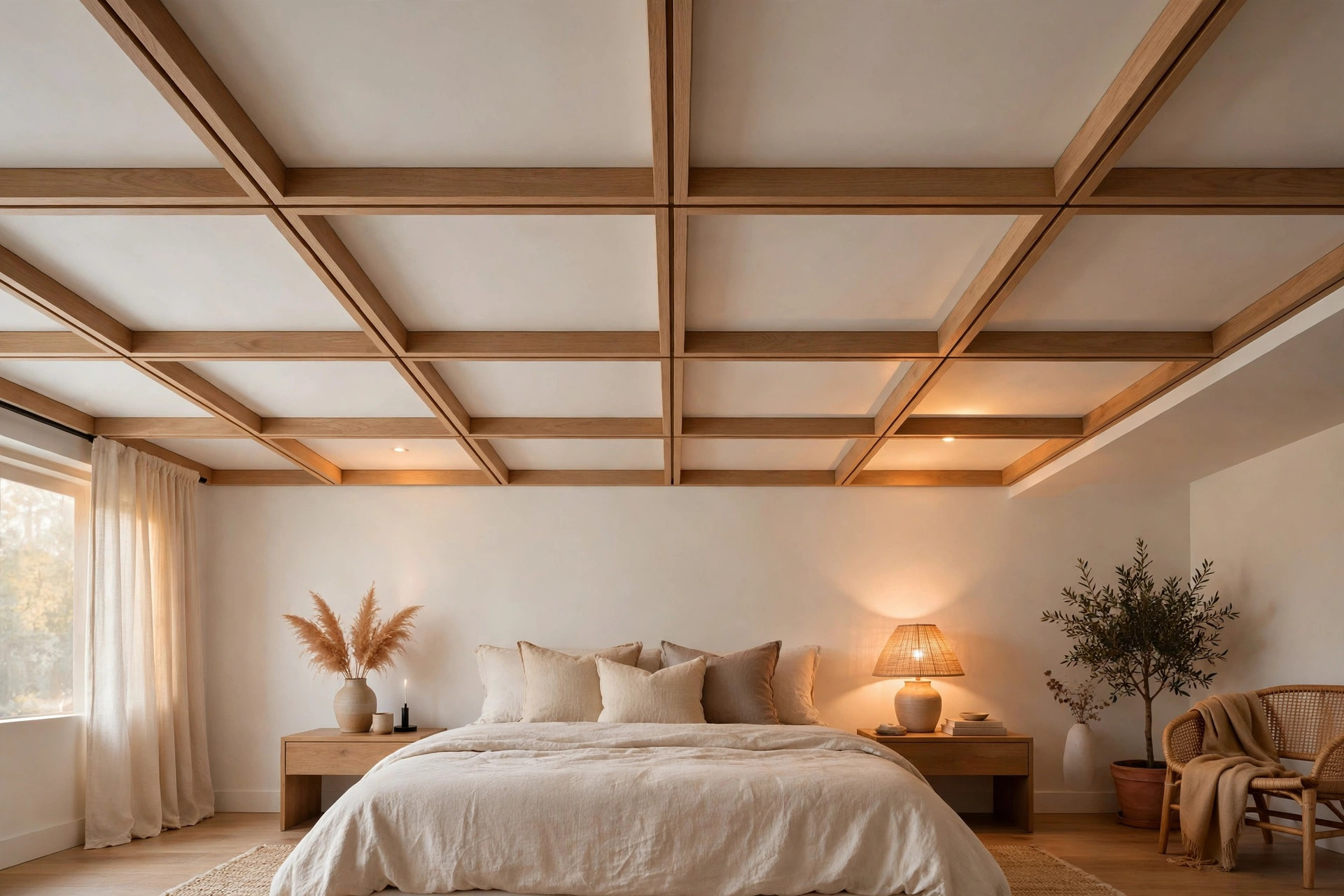 Bedroom ceiling with a criss-cross grid of slim wooden beams