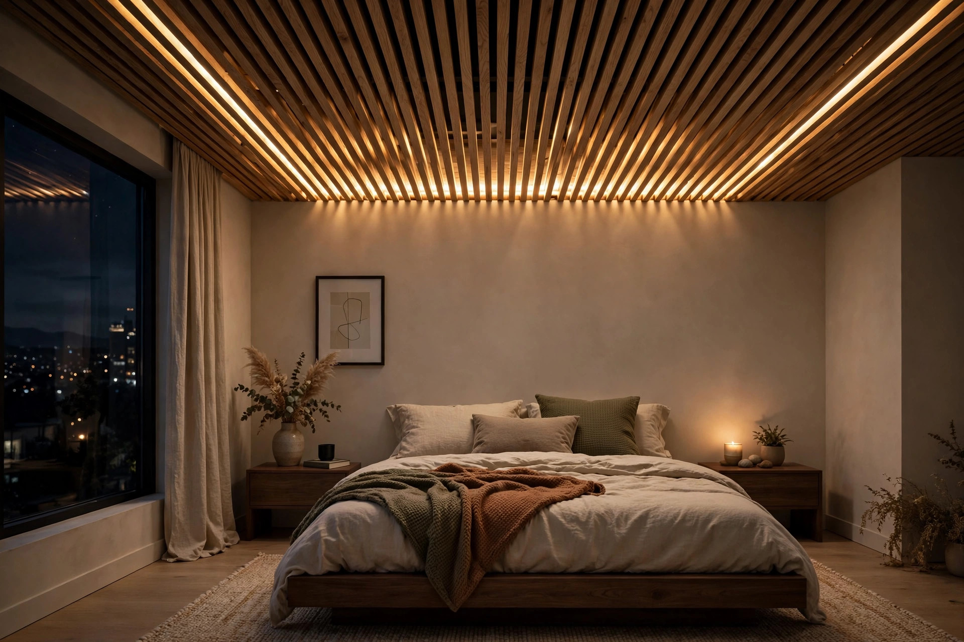 Bedroom with wooden slat ceiling and hidden LED strip glowing between slats