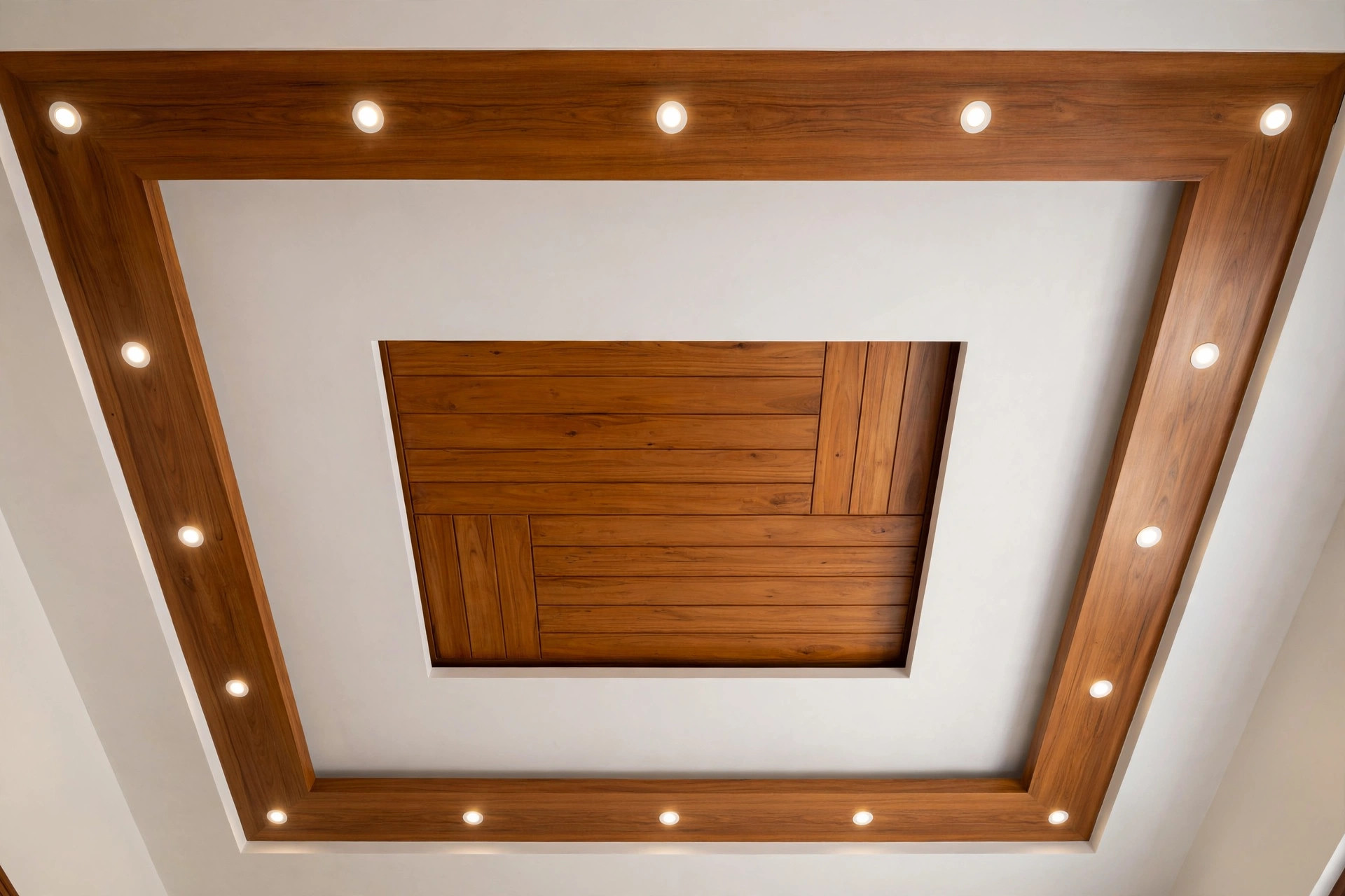 Bedroom ceiling combining a white gypsum field with a wooden border