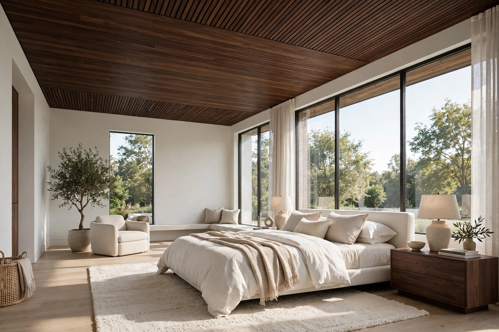 Modern bedroom with a dark walnut wooden ceiling and pale walls