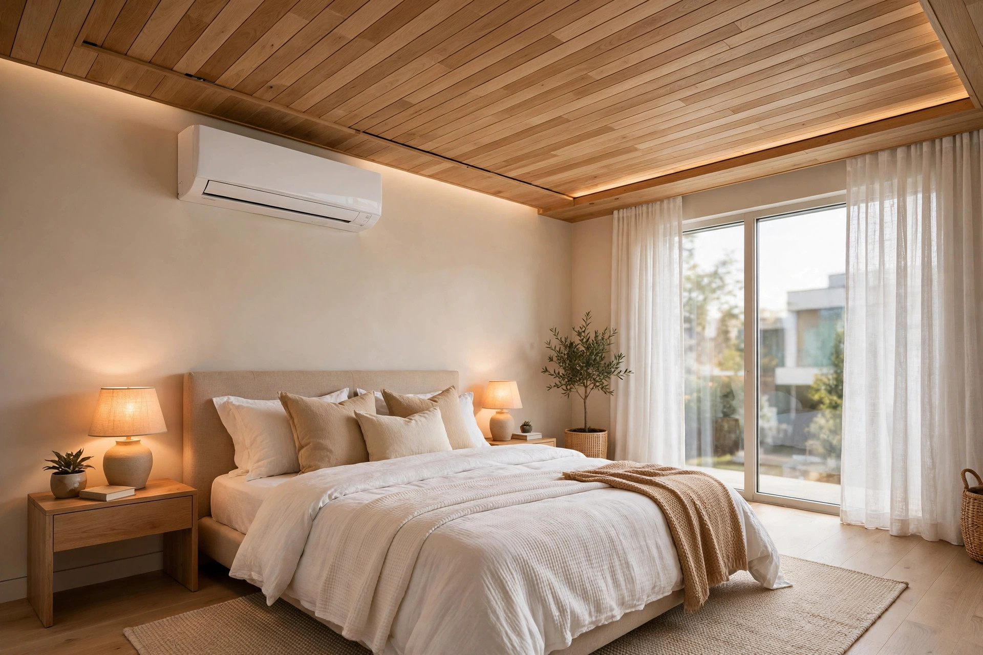 Air-conditioned bedroom with a wooden plank ceiling in stable condition
