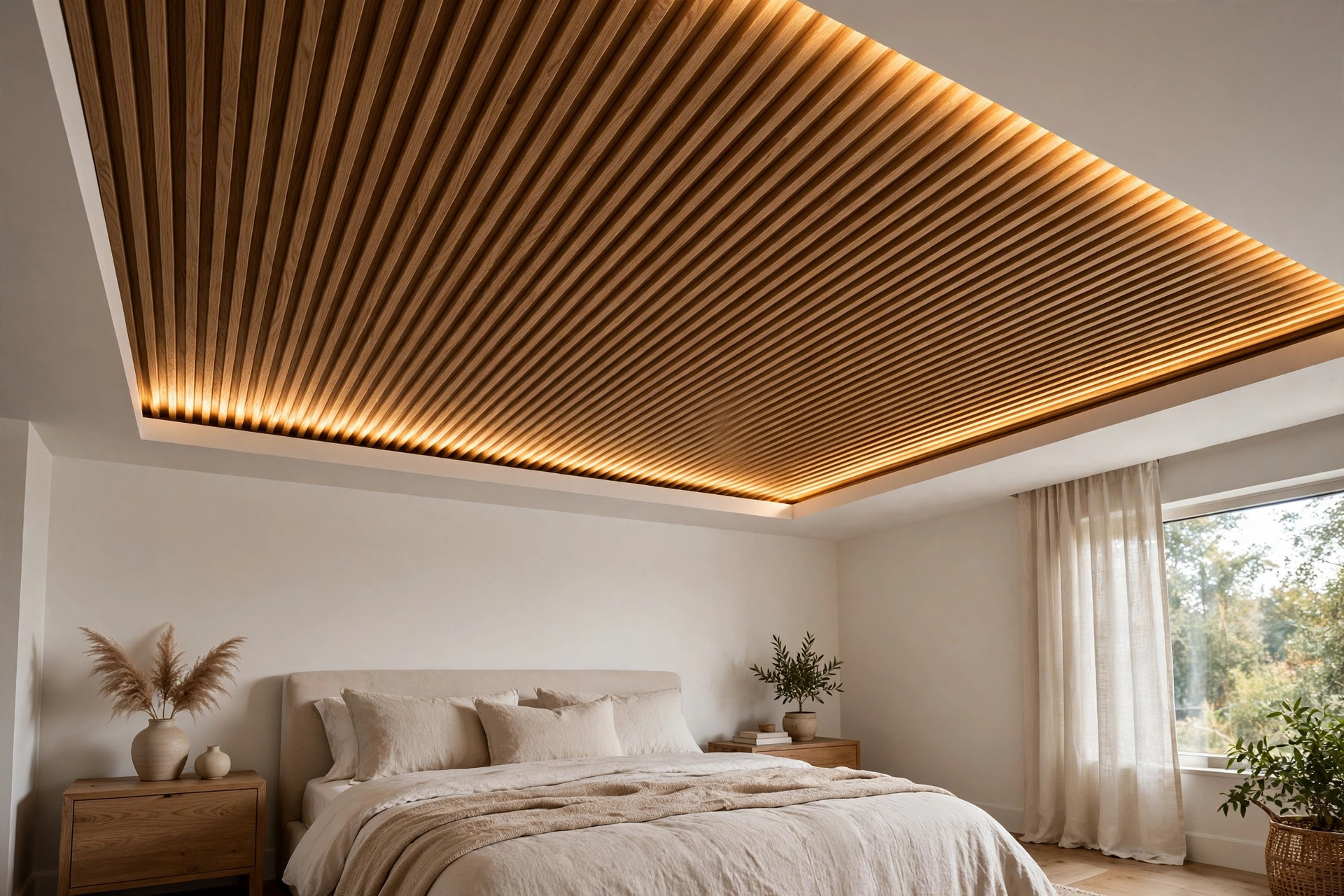 Bedroom ceiling with fluted wooden accent panel and grazing light