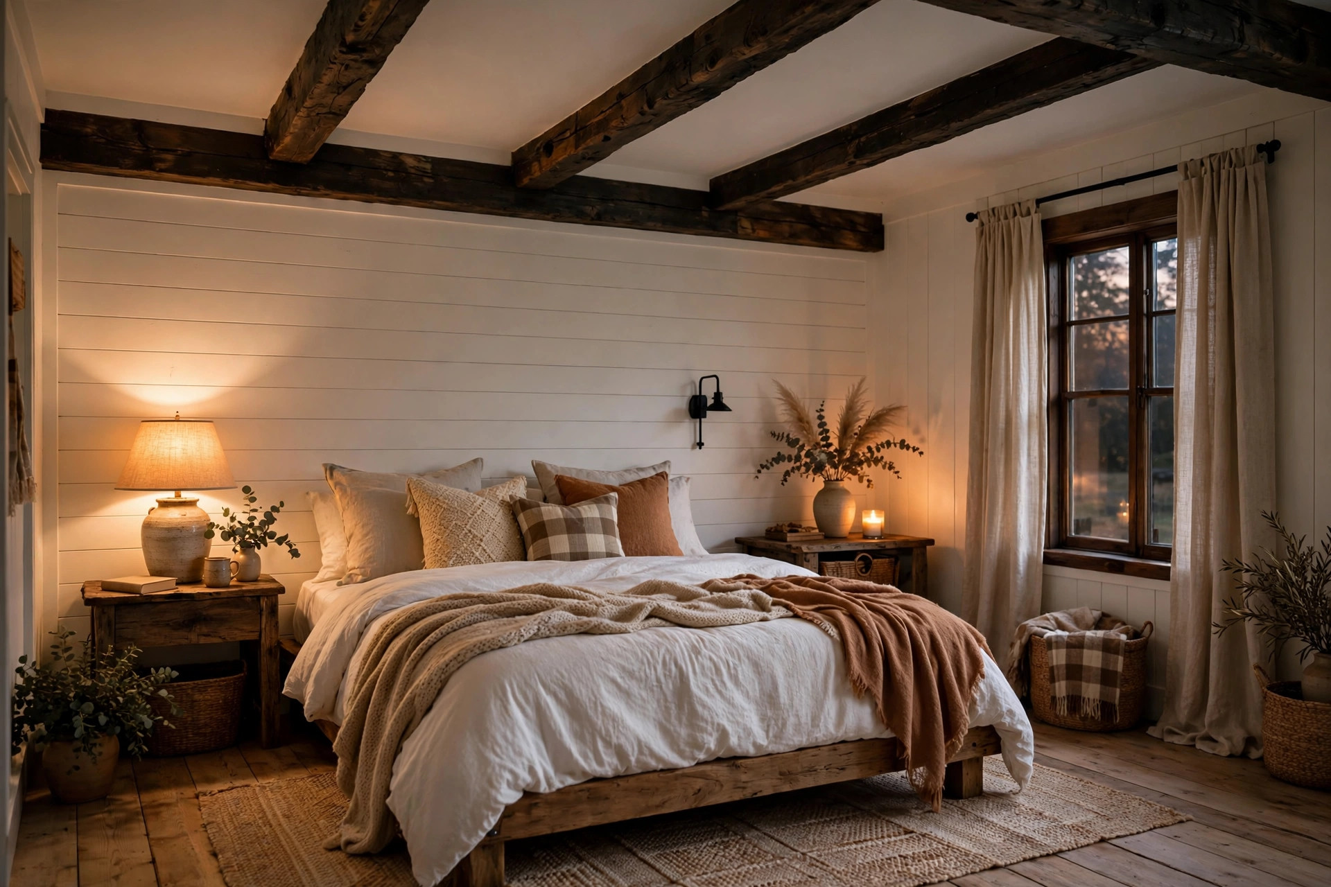 Bedroom with exposed wooden beams across the ceiling