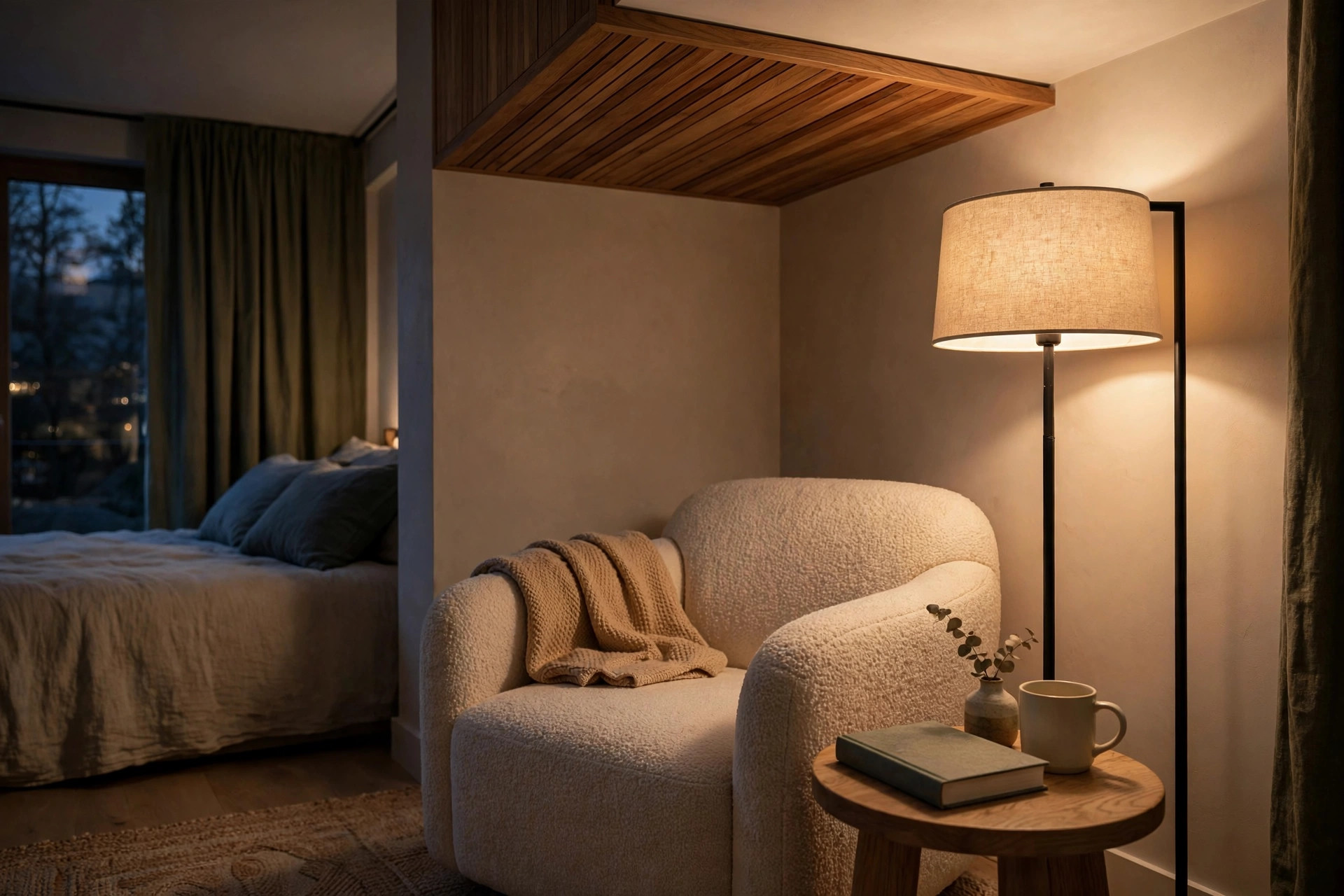 Bedroom reading corner with a wooden accent ceiling panel and warm lamp light