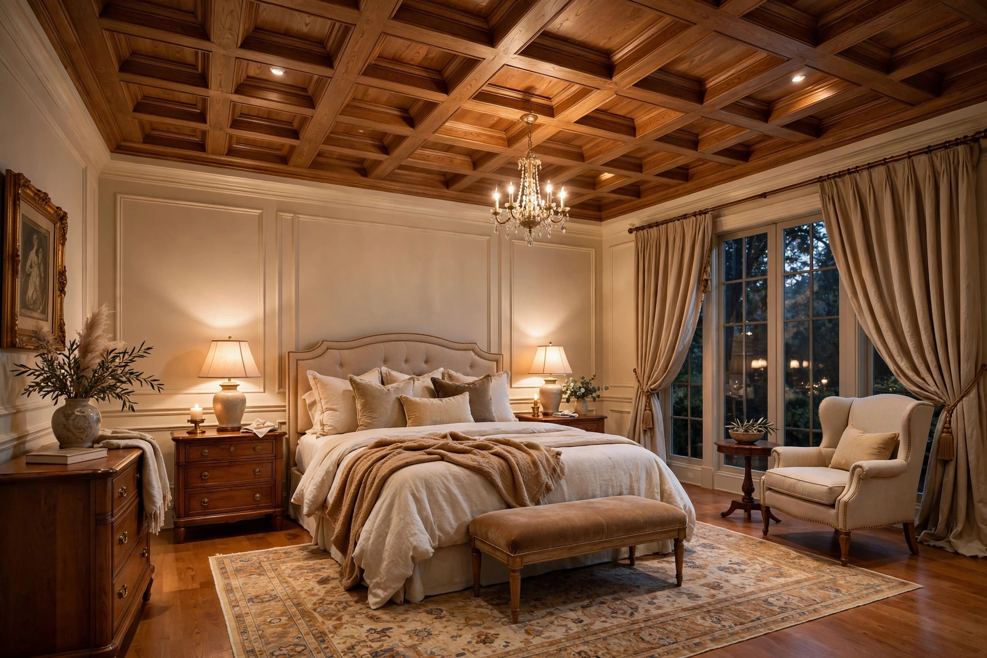 Luxury master bedroom with a coffered wooden false ceiling