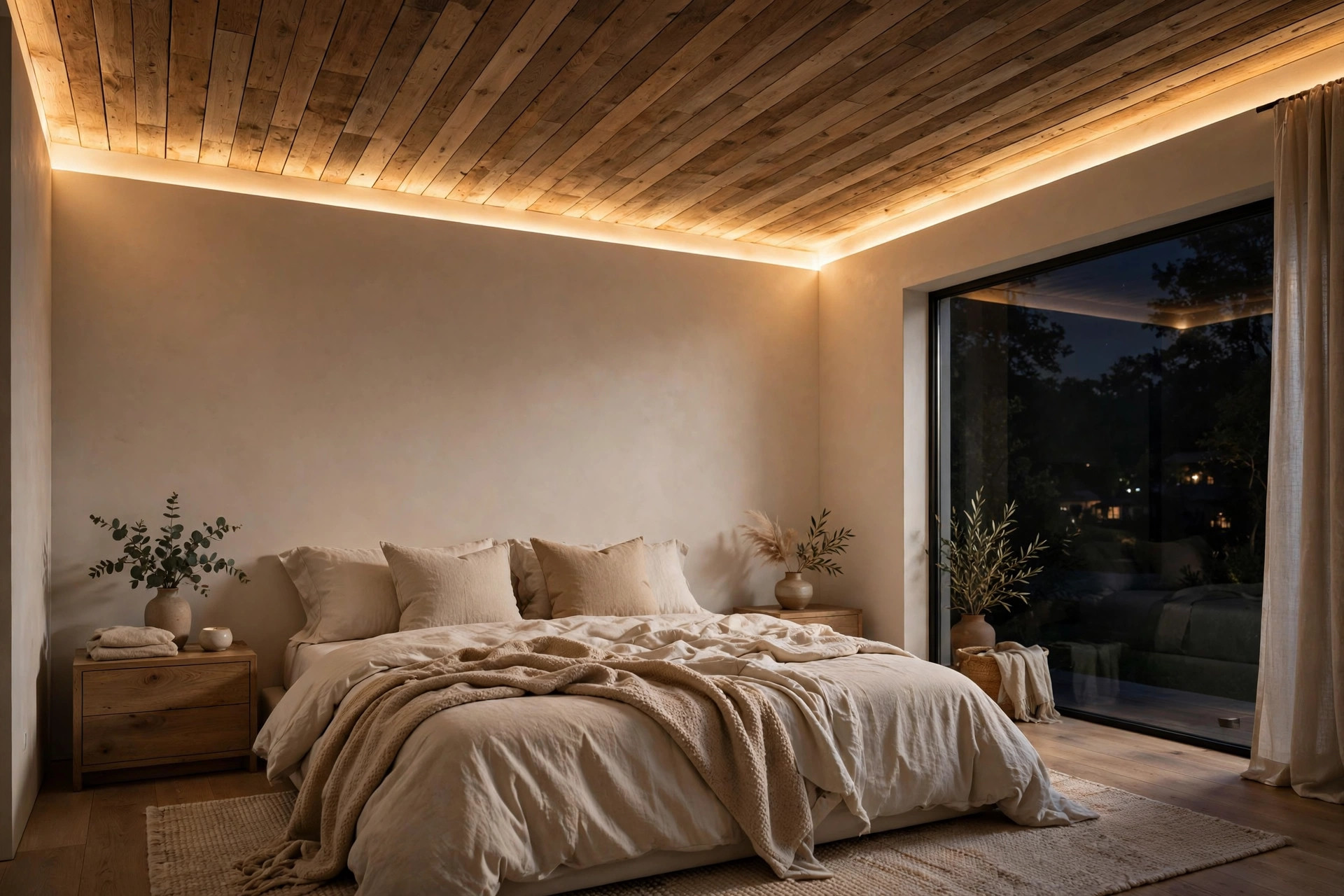 Wooden bedroom ceiling glowing warmly at night with hidden lighting
