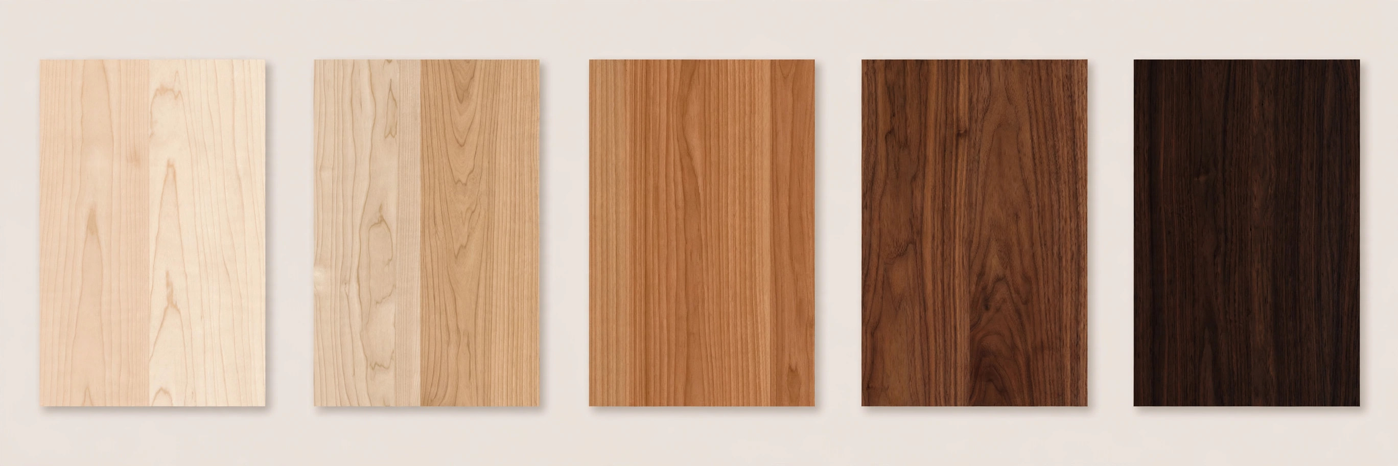 Diagram of wood tone options from pale maple to dark wenge