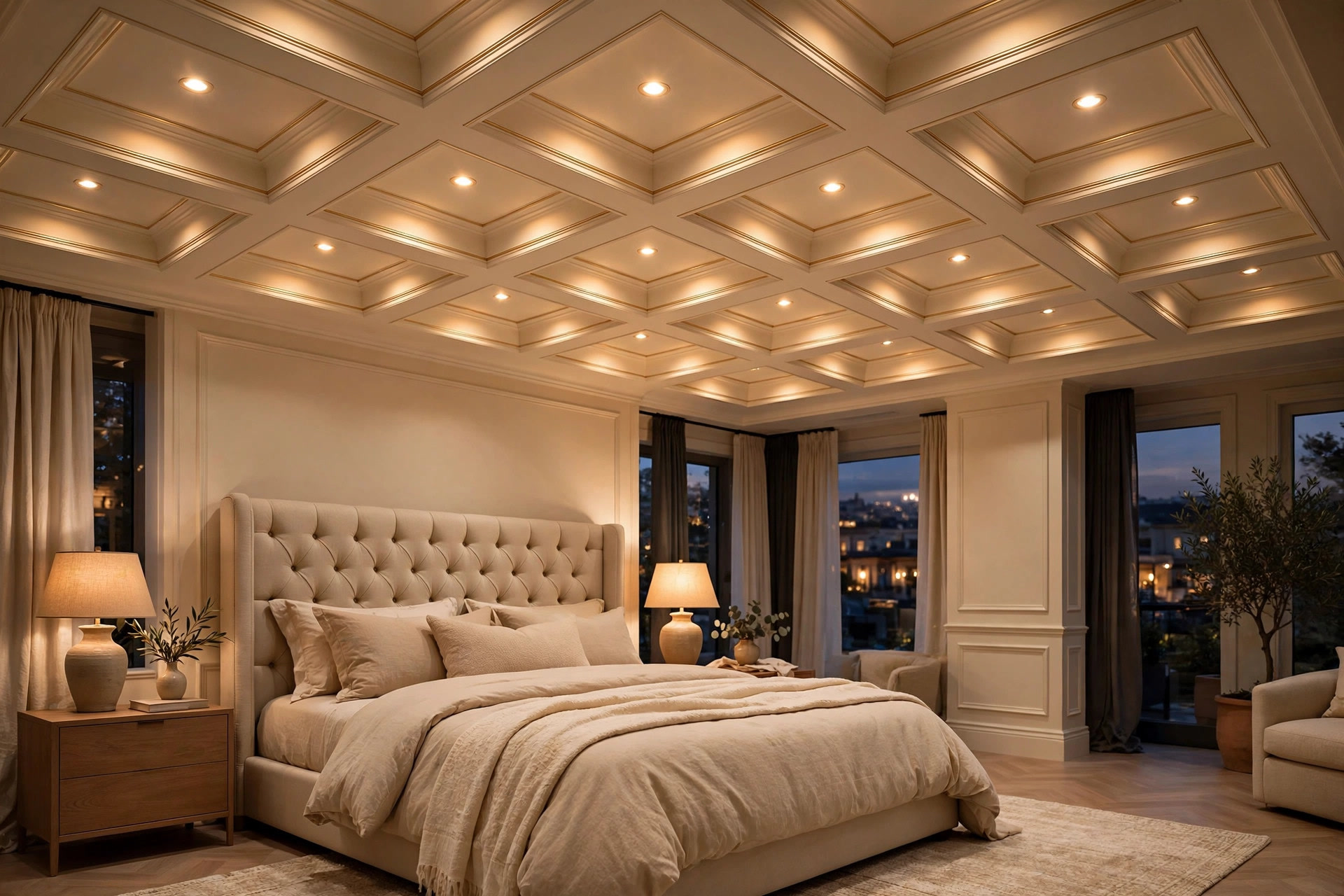 Cream coffered false ceiling with thin gold trim and warm recessed lights above a tufted bed