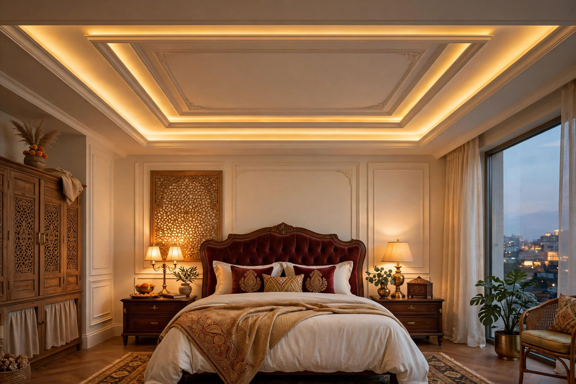 Royal bedroom with a double-layered tray false ceiling and warm golden cove lighting along the stepped edges